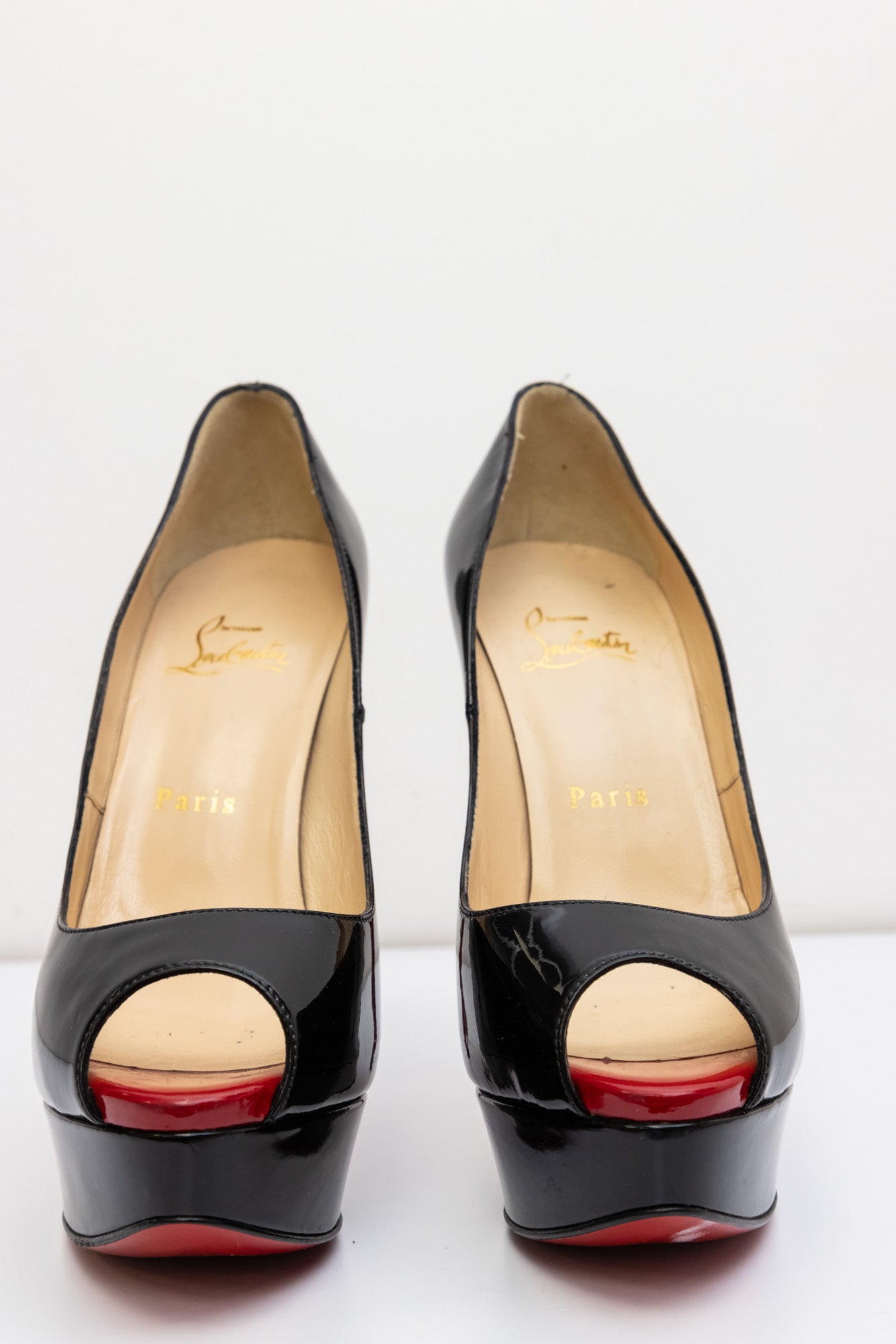 CHRISTIAN LOUBOUTIN Black Patent Leather Platform Red Bottom Heel Open-Toed | Size IT 37.5 | Very Good Condition | Made in Italy