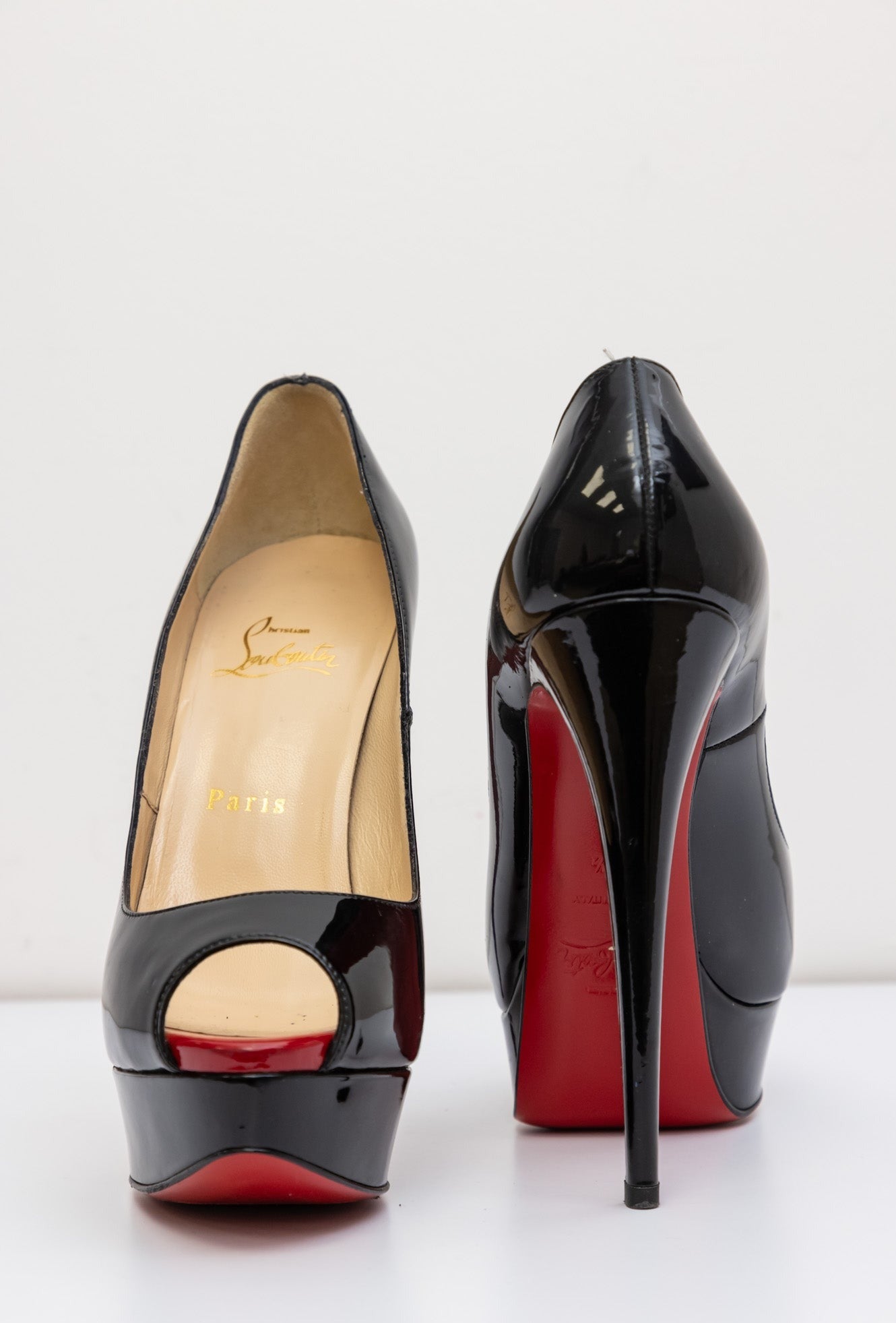 CHRISTIAN LOUBOUTIN Black Patent Leather Platform Red Bottom Heel Open-Toed | Size IT 37.5 | Very Good Condition | Made in Italy