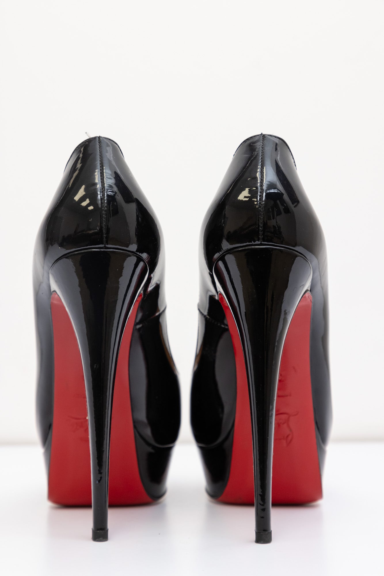 CHRISTIAN LOUBOUTIN Black Patent Leather Platform Red Bottom Heel Open-Toed | Size IT 37.5 | Very Good Condition | Made in Italy