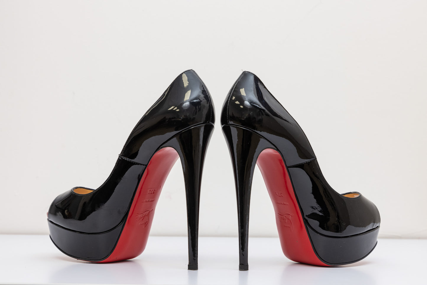 CHRISTIAN LOUBOUTIN Black Patent Leather Platform Red Bottom Heel Open-Toed | Size IT 37.5 | Very Good Condition | Made in Italy
