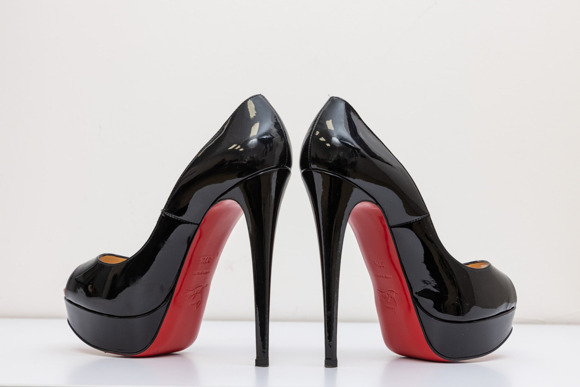 CHRISTIAN LOUBOUTIN Black Patent Leather Platform Red Bottom Heel Open-Toed | Size IT 37.5 | Very Good Condition | Made in Italy