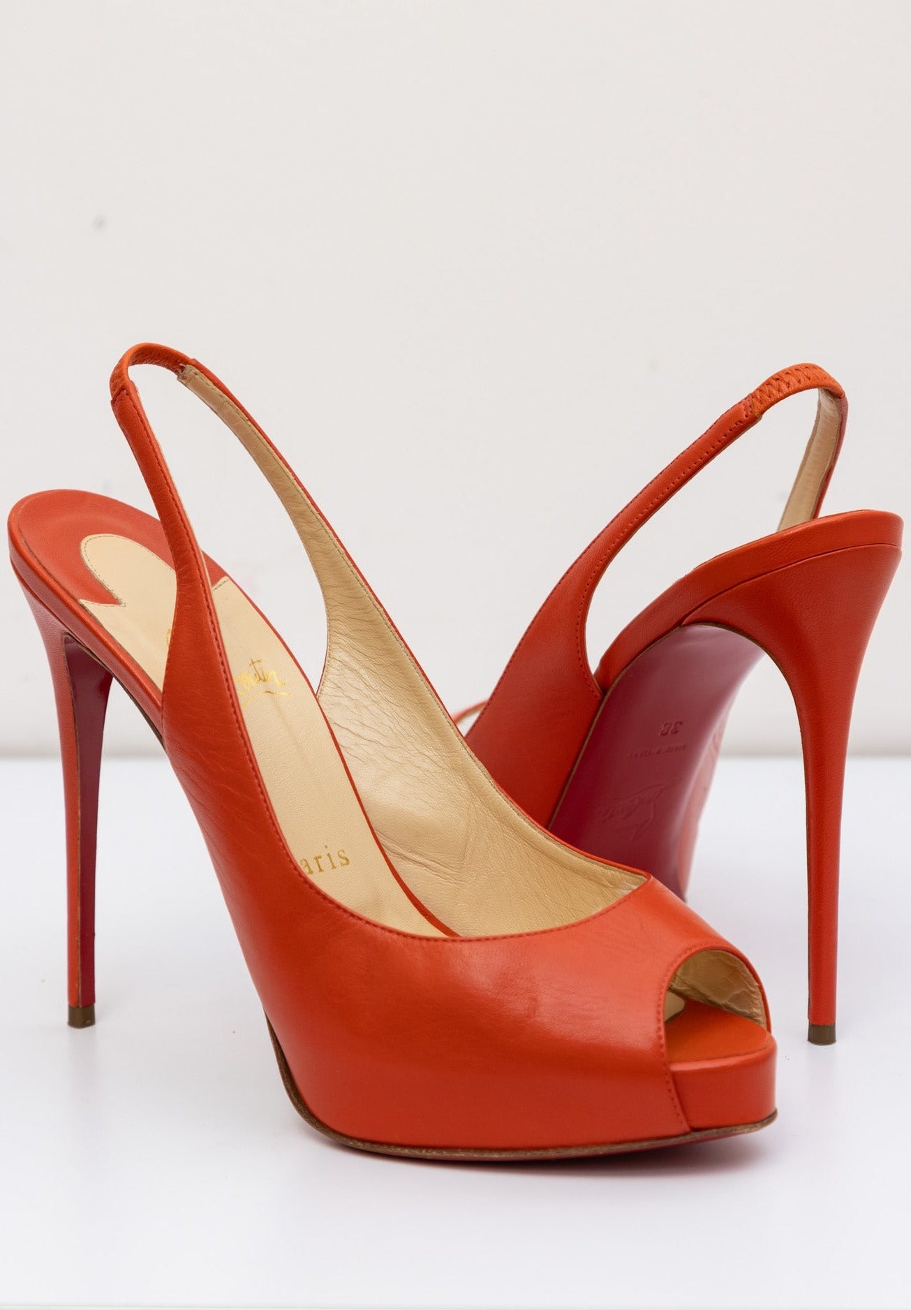 CHRISTIAN LOUBOUTIN Orange Leather Sling-back Pumps Heels Shoes - New, Size IT 38, Made in Italy