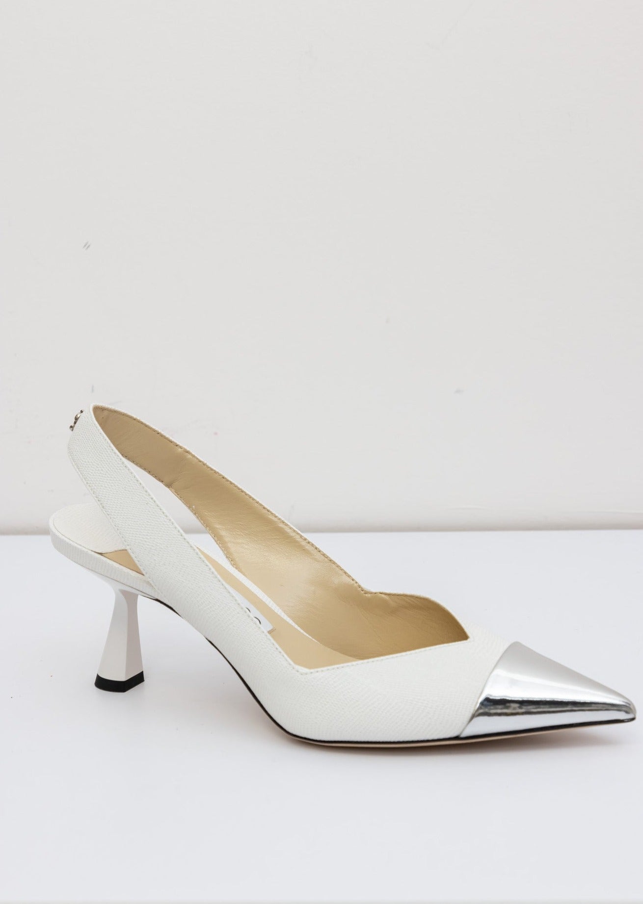 Jimmy Choo White Liya 65mm Heel Slingback Leather Pumps with Silver Toe | Size IT 38 | New Condition