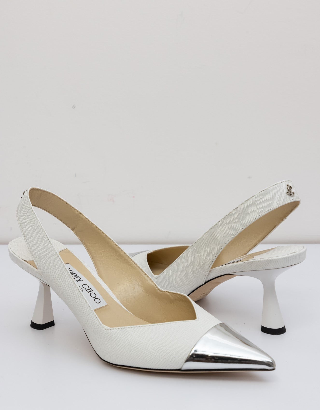 Jimmy Choo White Liya 65mm Heel Slingback Leather Pumps with Silver Toe | Size IT 38 | New Condition