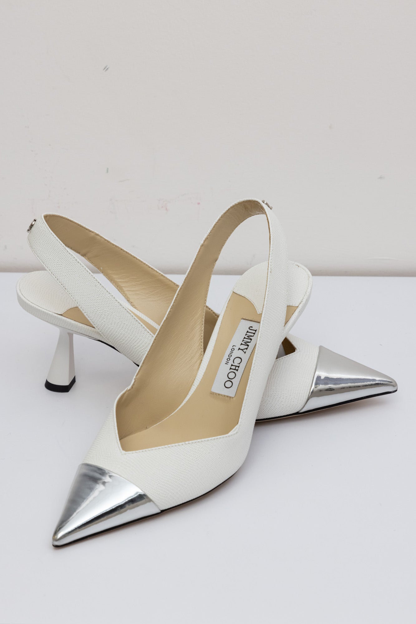 Jimmy Choo White Liya 65mm Heel Slingback Leather Pumps with Silver Toe | Size IT 38 | New Condition
