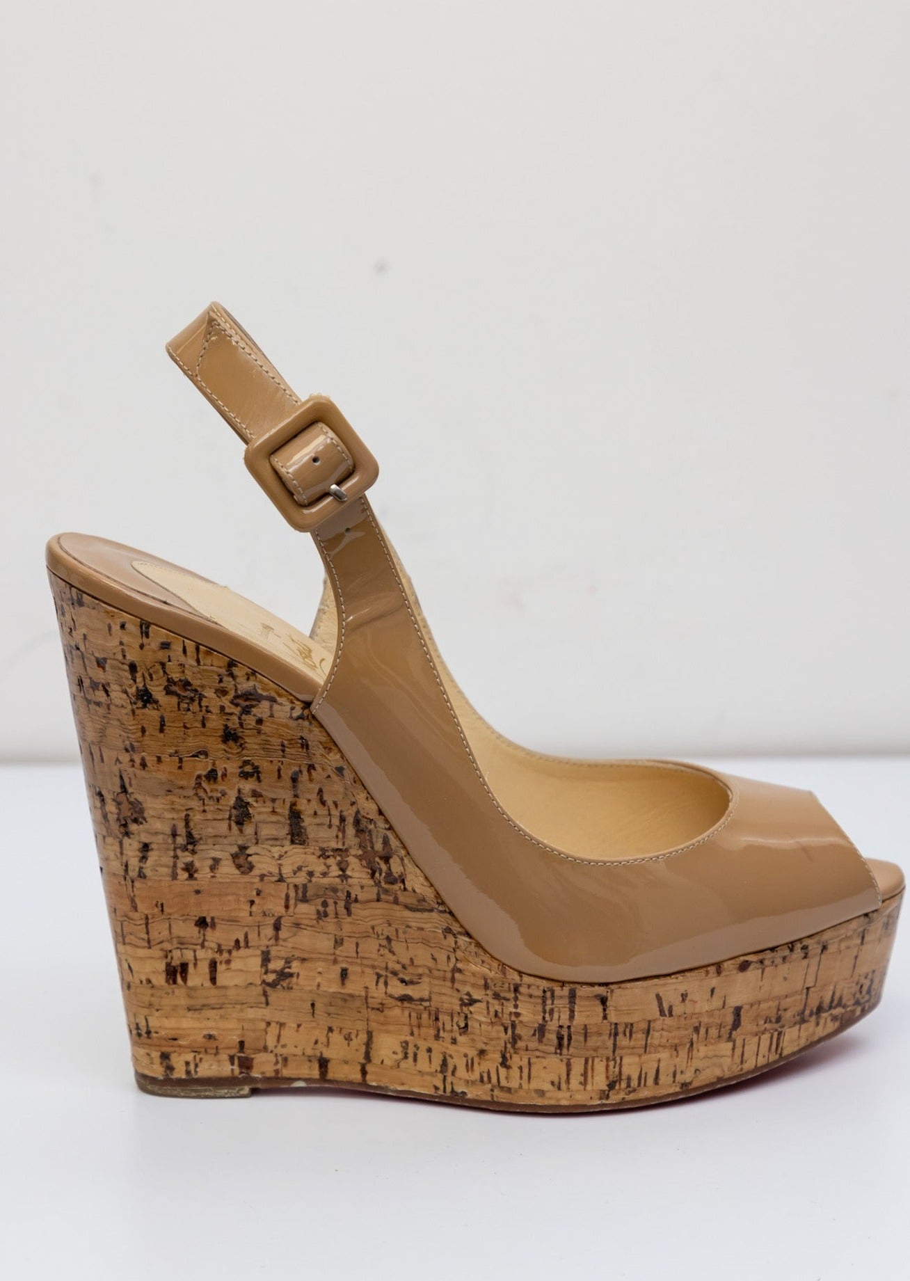 Luxurious Christian Louboutin Patent Cork Sling Wedge in Beige - Size IT 38 (Very Good Condition)