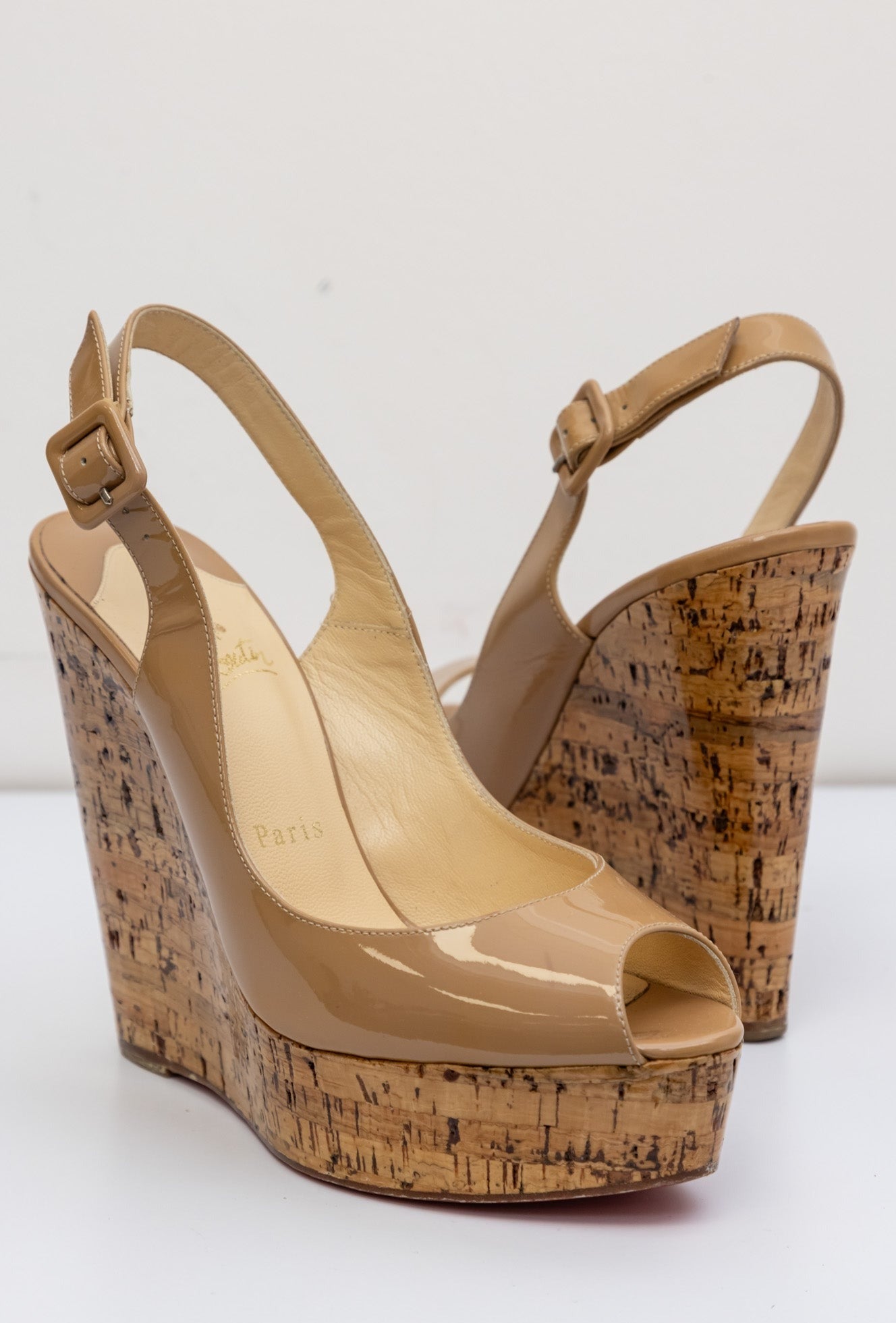 Luxurious Christian Louboutin Patent Cork Sling Wedge in Beige - Size IT 38 (Very Good Condition)