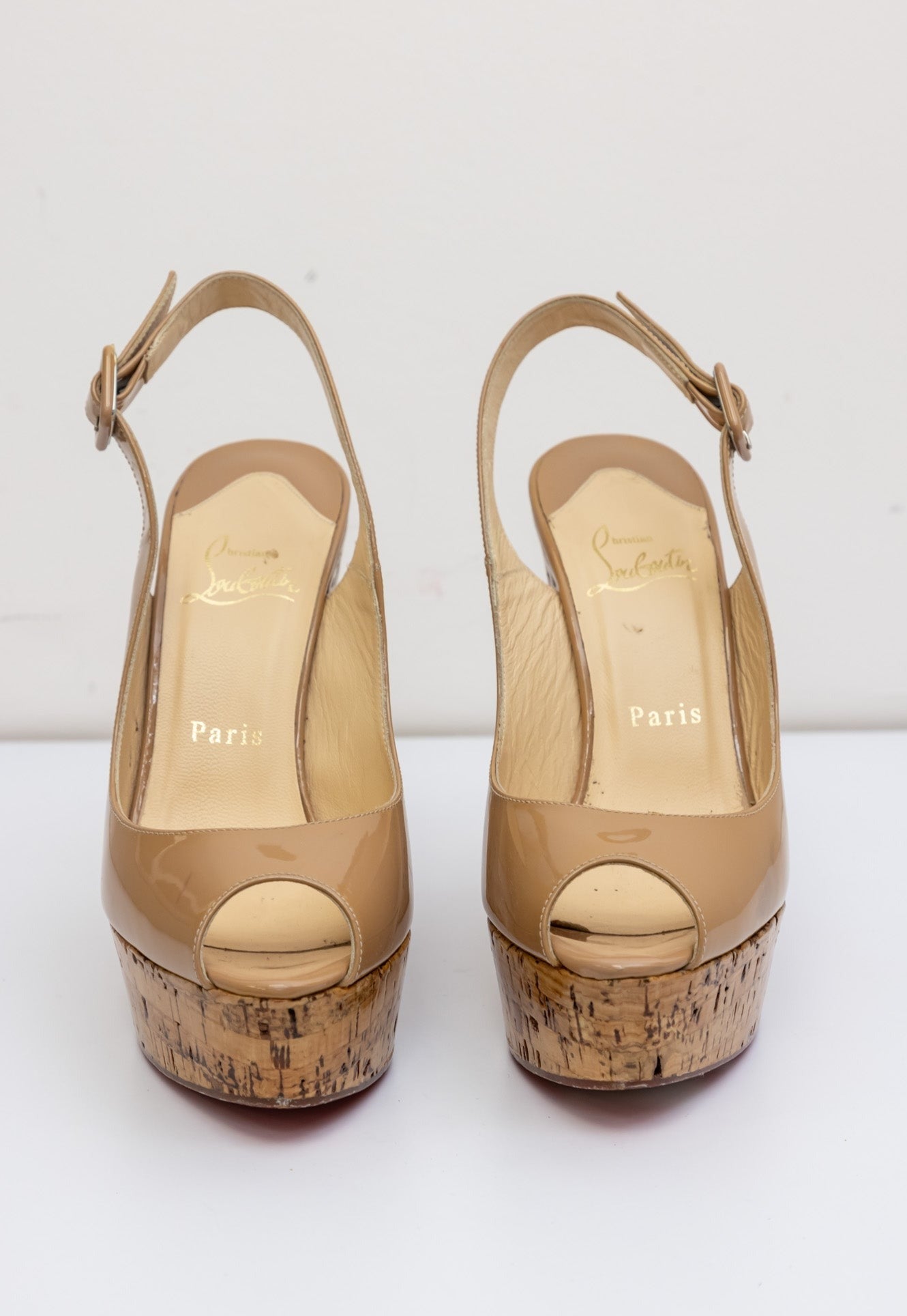 Luxurious Christian Louboutin Patent Cork Sling Wedge in Beige - Size IT 38 (Very Good Condition)