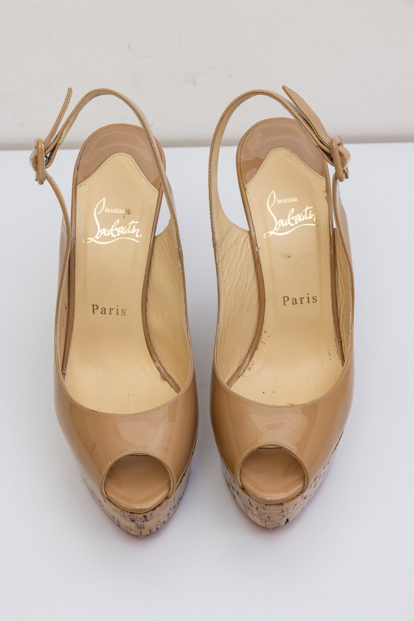 Luxurious Christian Louboutin Patent Cork Sling Wedge in Beige - Size IT 38 (Very Good Condition)