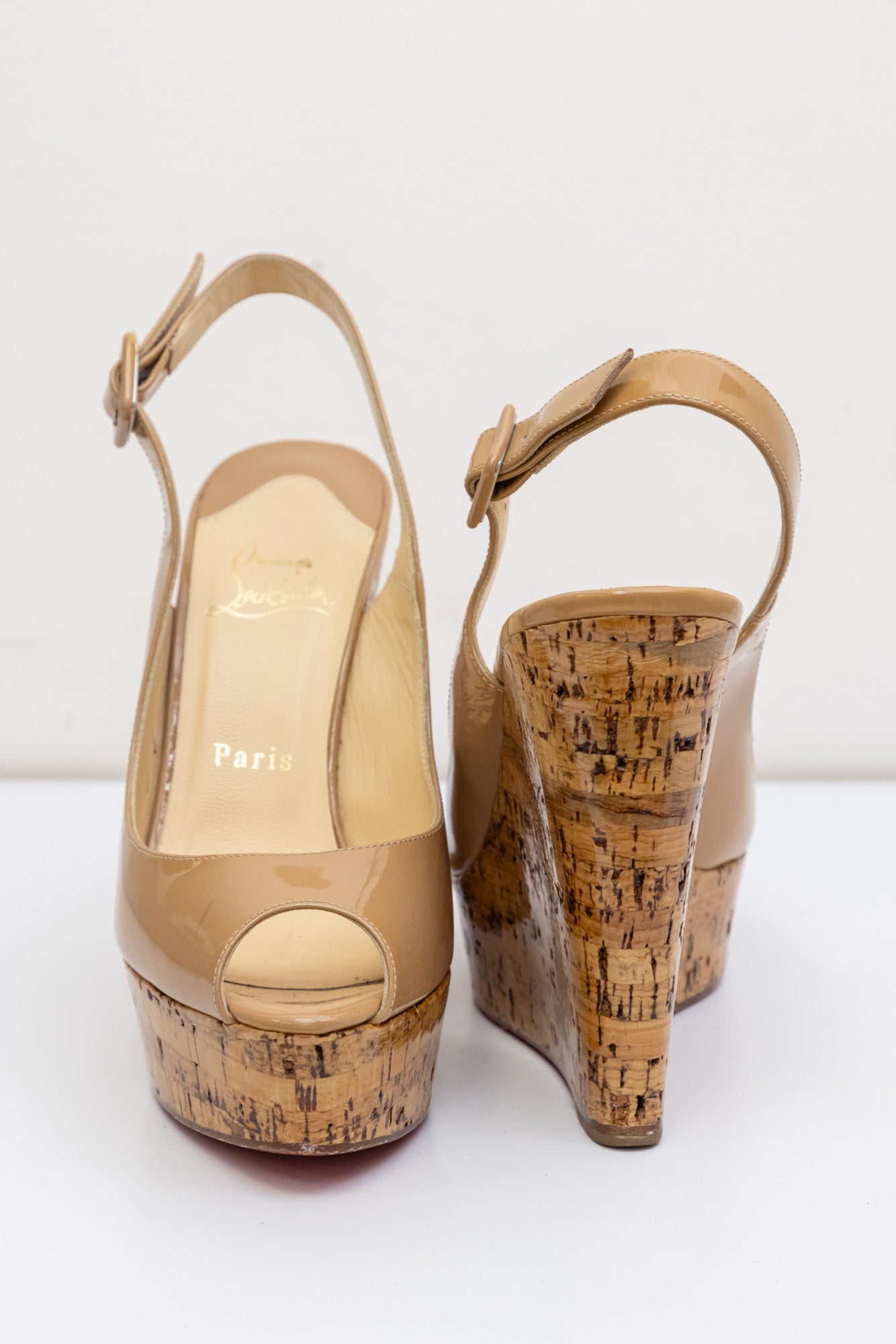 Luxurious Christian Louboutin Patent Cork Sling Wedge in Beige - Size IT 38 (Very Good Condition)