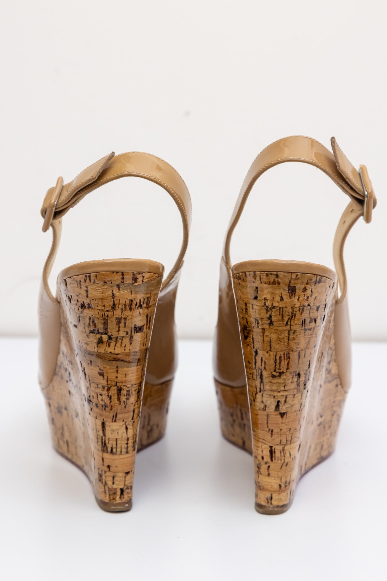 Luxurious Christian Louboutin Patent Cork Sling Wedge in Beige - Size IT 38 (Very Good Condition)