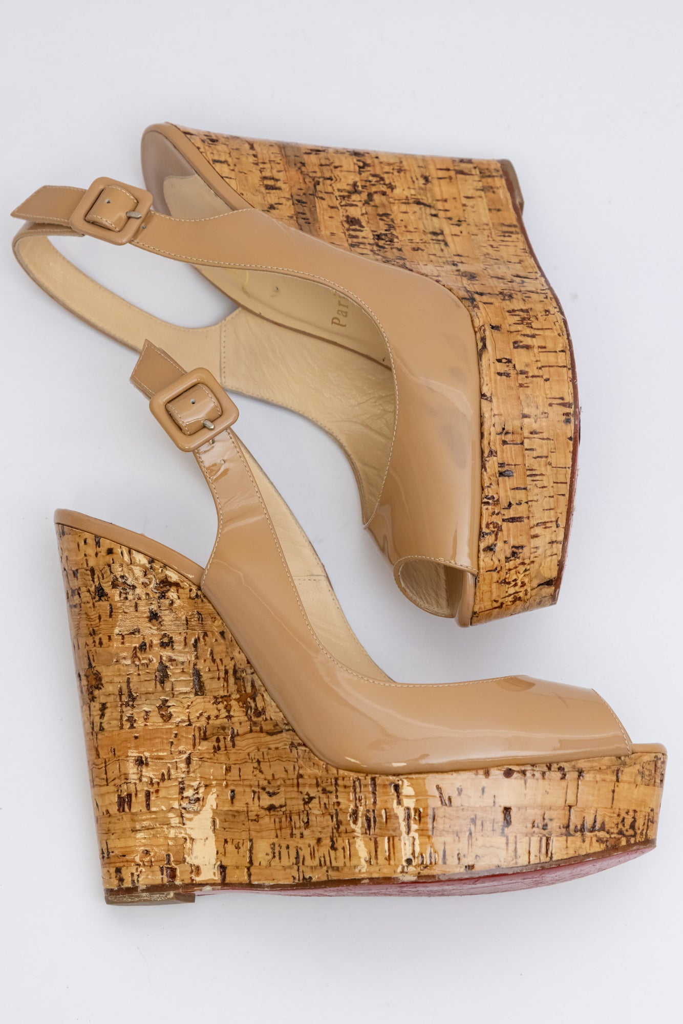 Luxurious Christian Louboutin Patent Cork Sling Wedge in Beige - Size IT 38 (Very Good Condition)