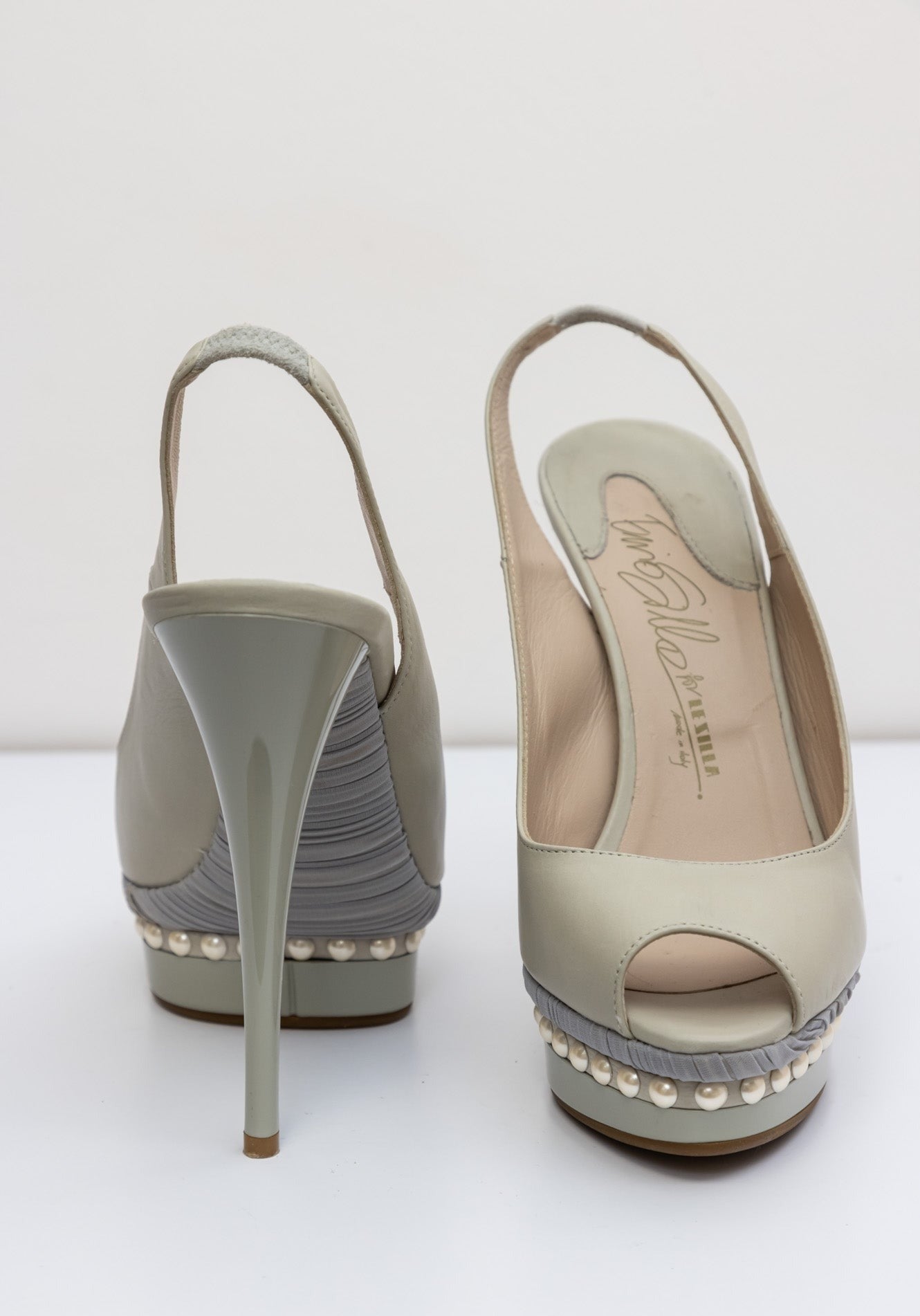 LEZILLA Light Grey Leather Heels With Pearl