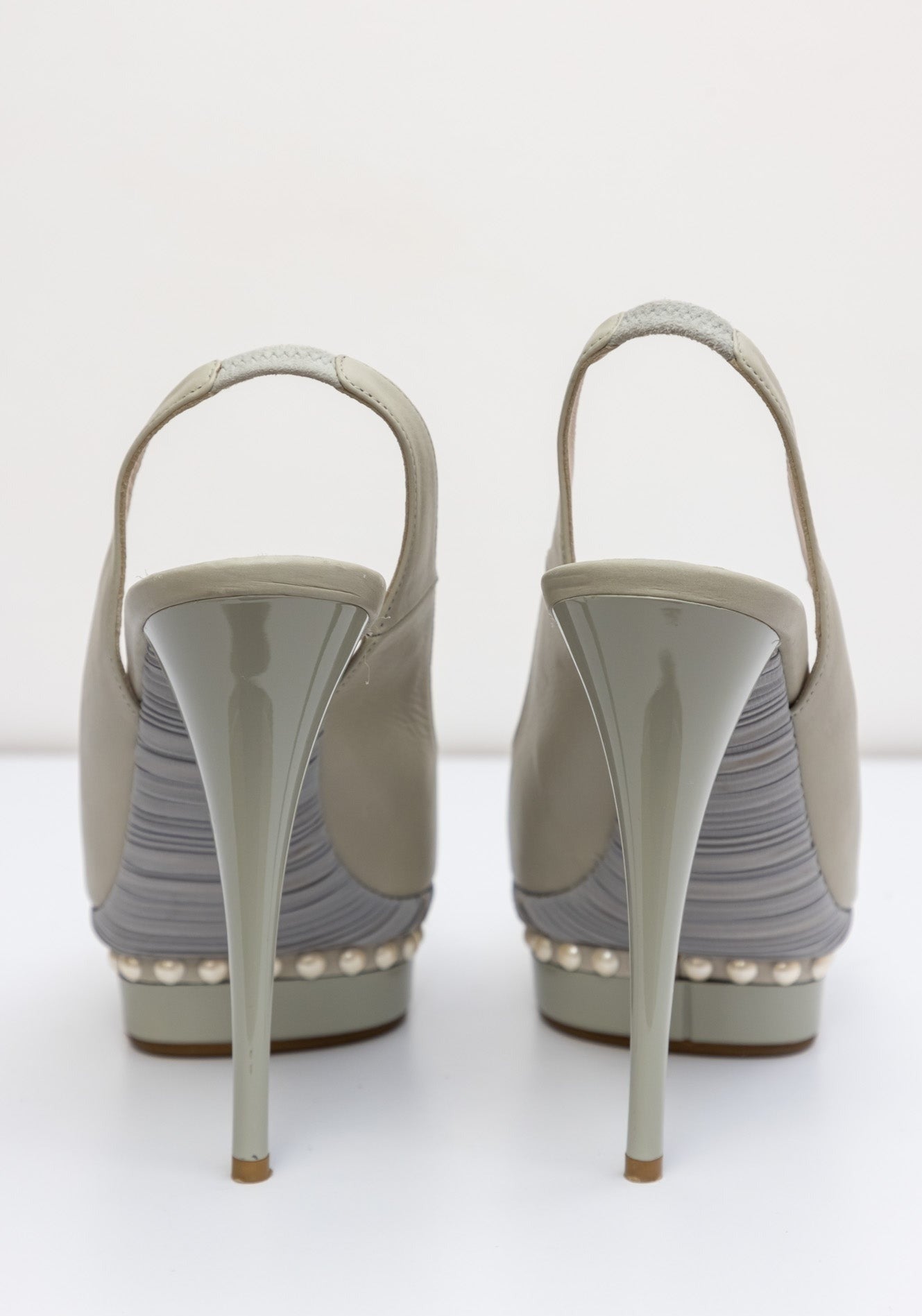 LEZILLA Light Grey Leather Heels With Pearl