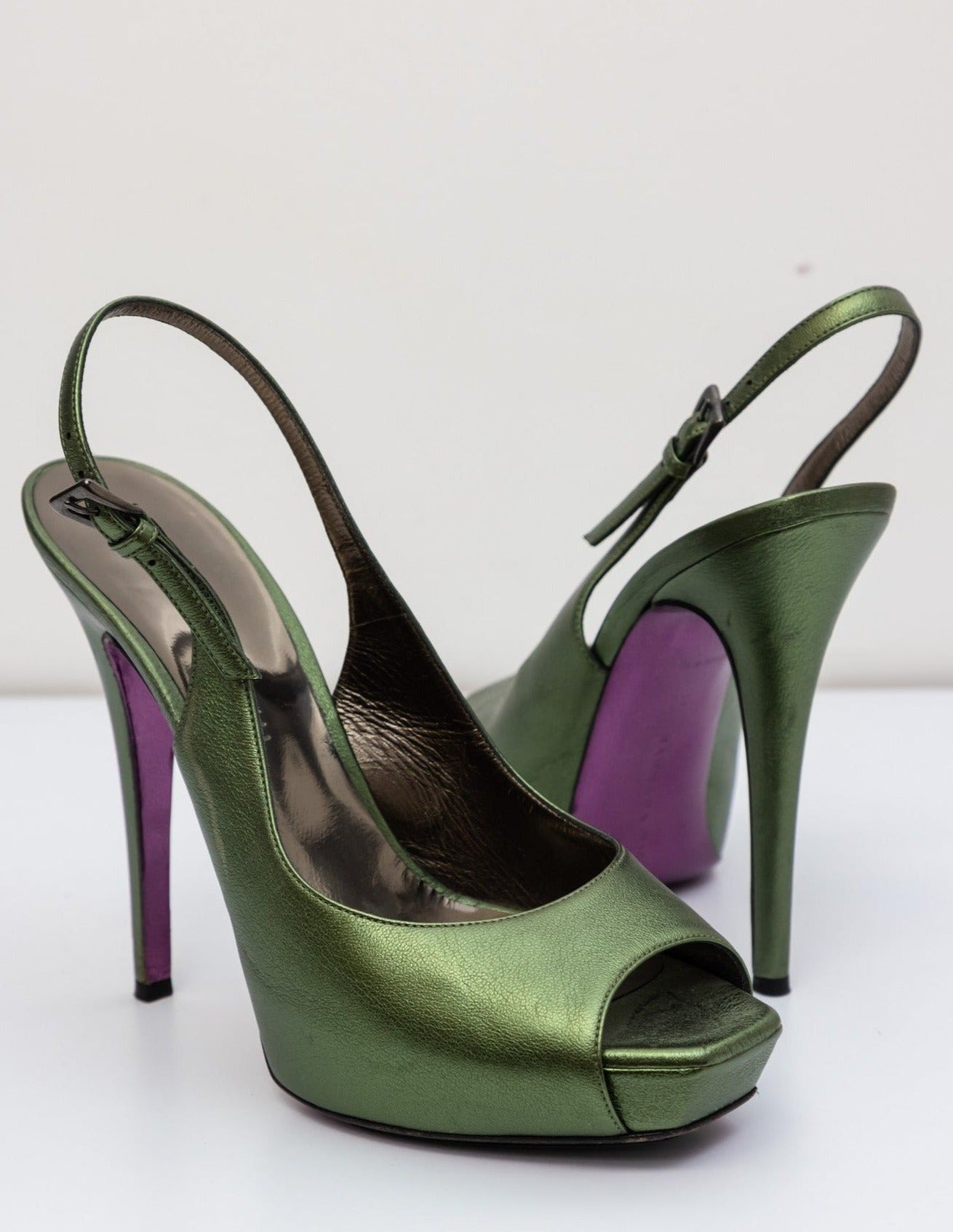 BARBARA BUI Green Metallic Slingback Leather Peeptoe Pumps | Size IT 38 | Made in Italy | Good Condition