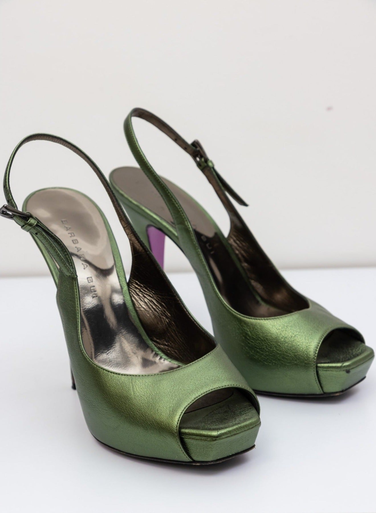 BARBARA BUI Green Metallic Slingback leather peeptoe pumps