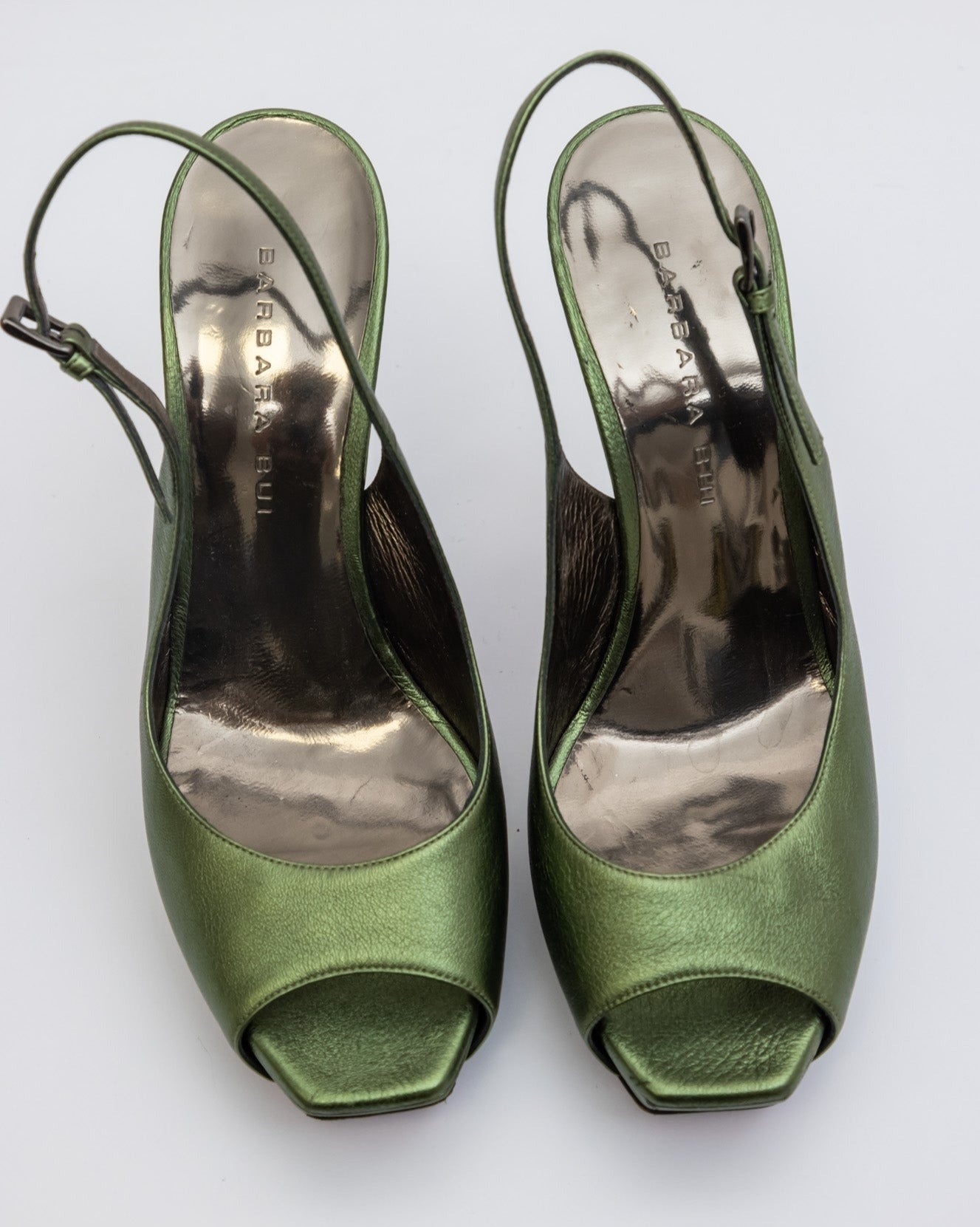 BARBARA BUI Green Metallic Slingback leather peeptoe pumps