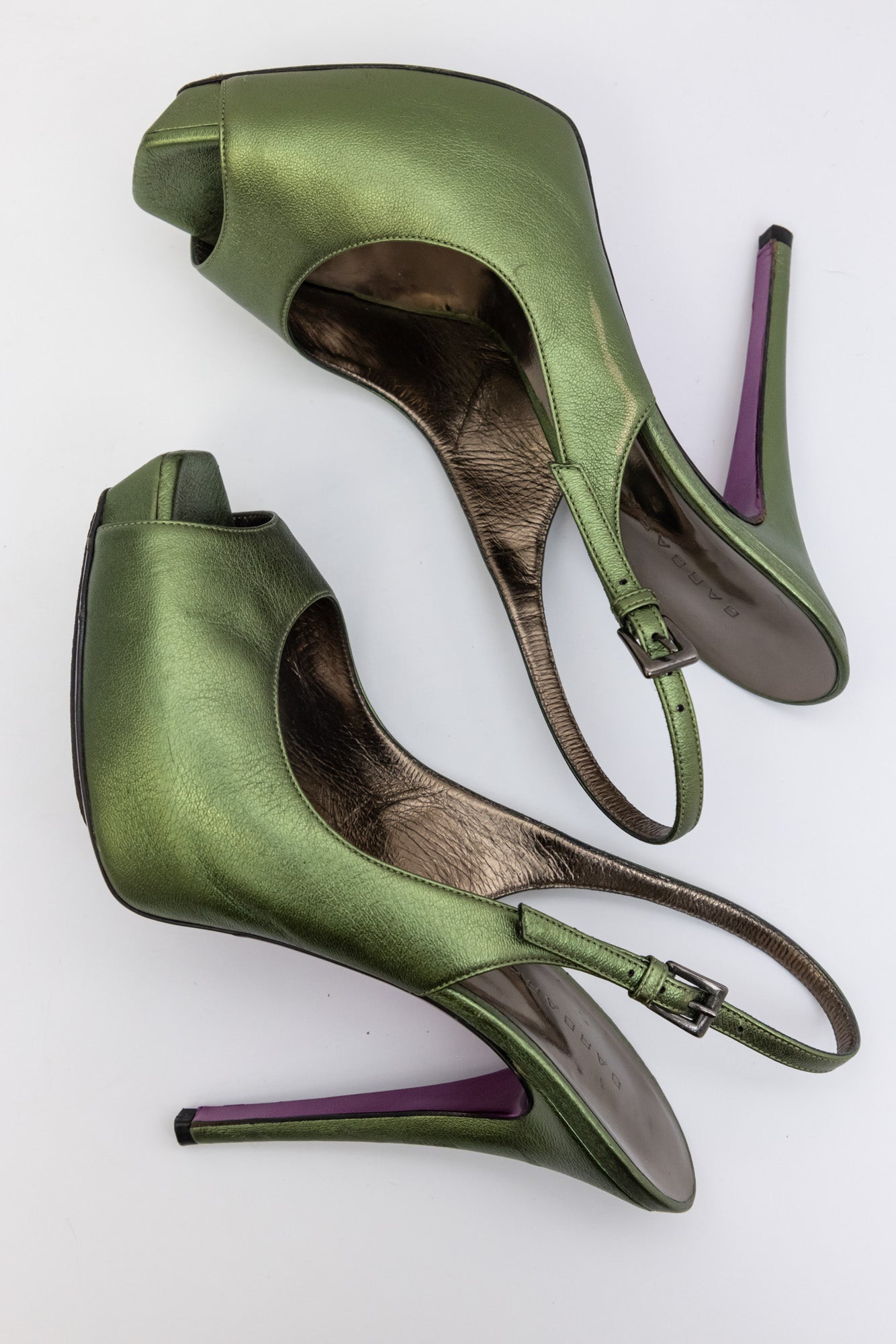 BARBARA BUI Green Metallic Slingback leather peeptoe pumps