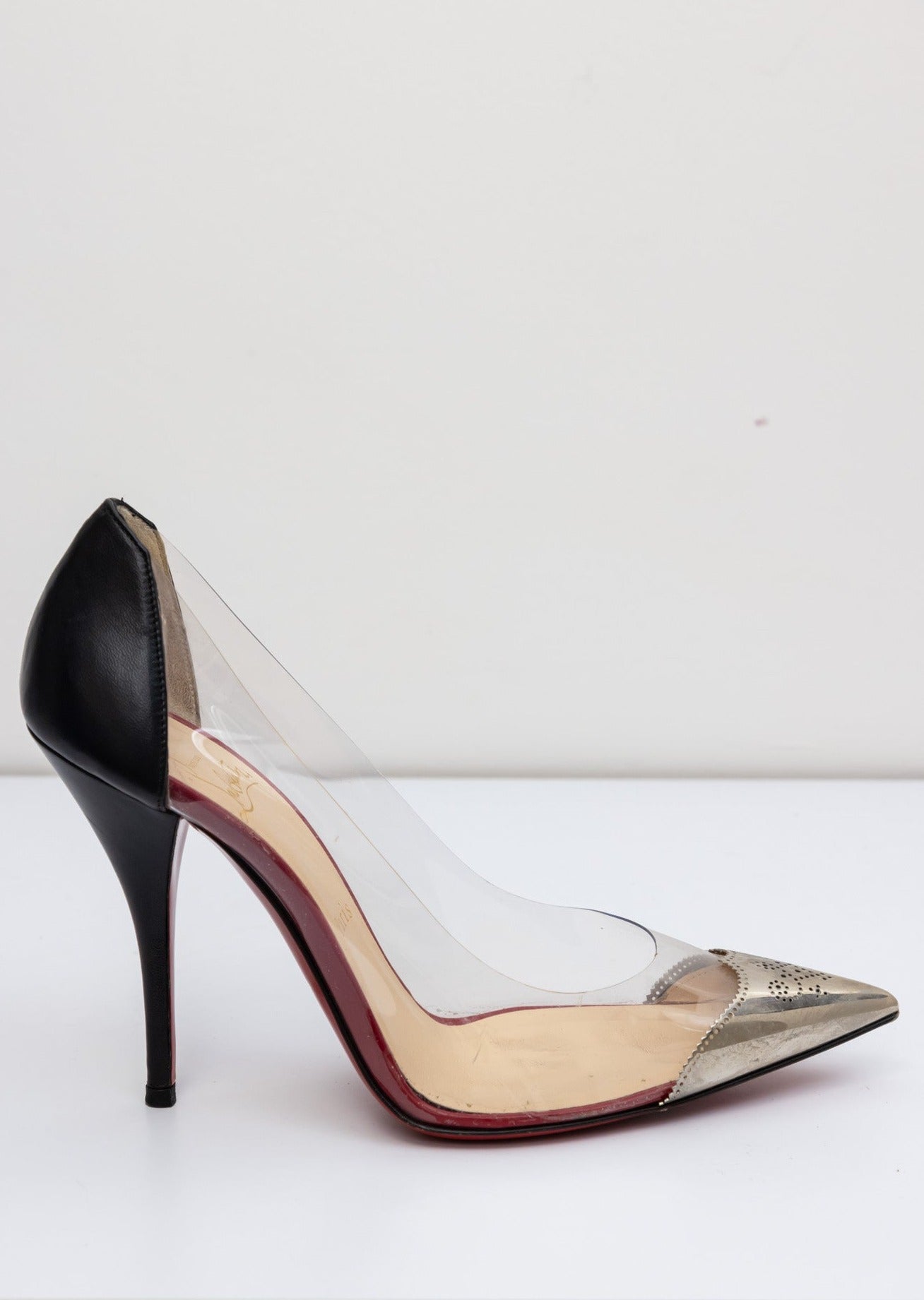 CHRISTIAN LOUBOUTIN Pointed Toe Metal Clear Pumps - Black Silver - Size IT 38 - Very Good Condition - Made in Italy"