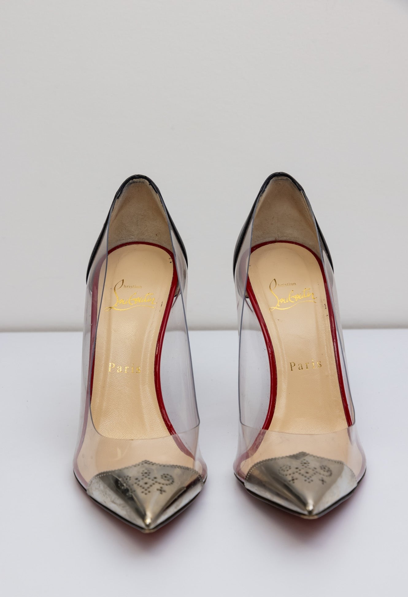 Christian Louboutin Pointed Toe Metal Clear Pumps Black Silver