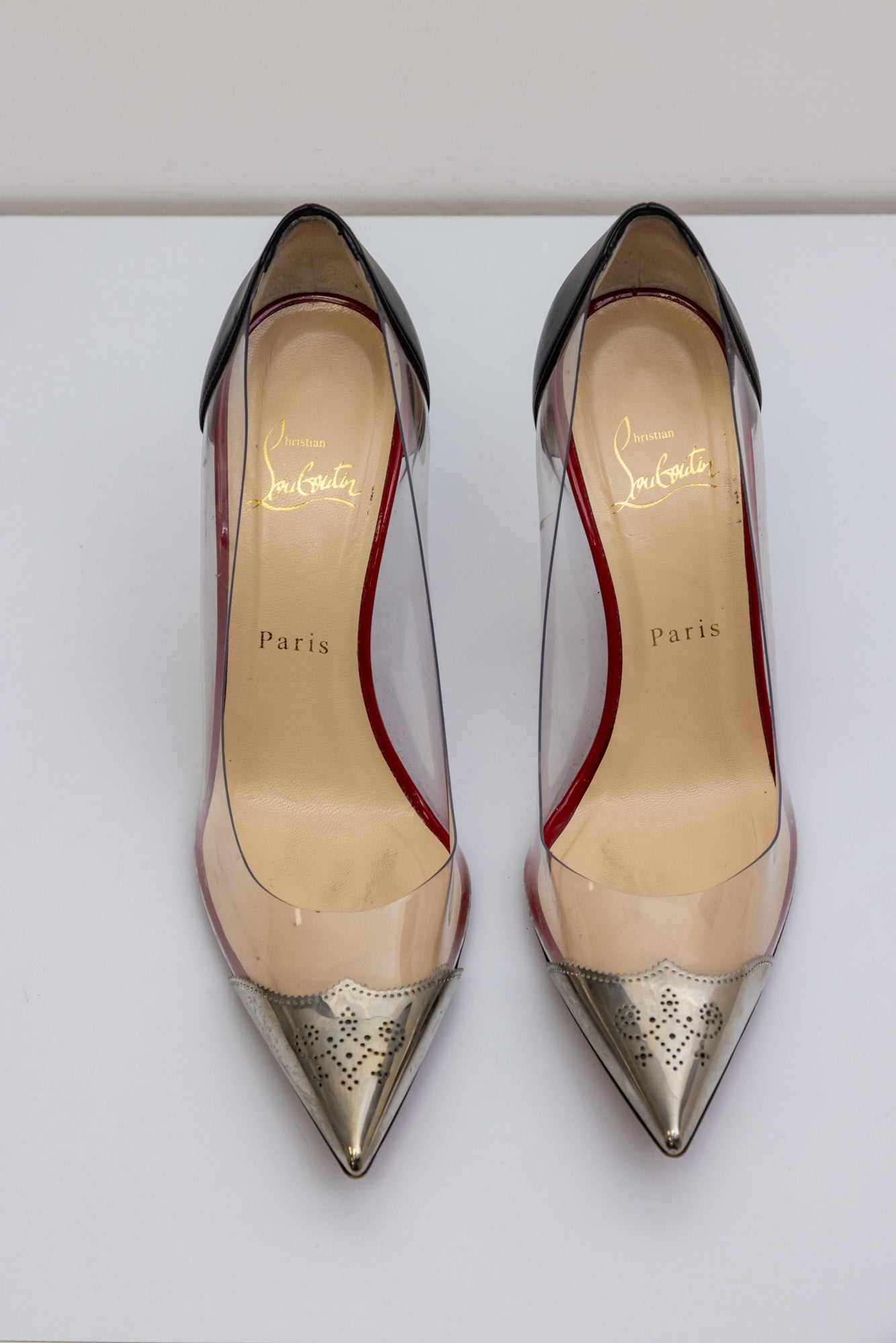 Christian Louboutin Pointed Toe Metal Clear Pumps Black Silver