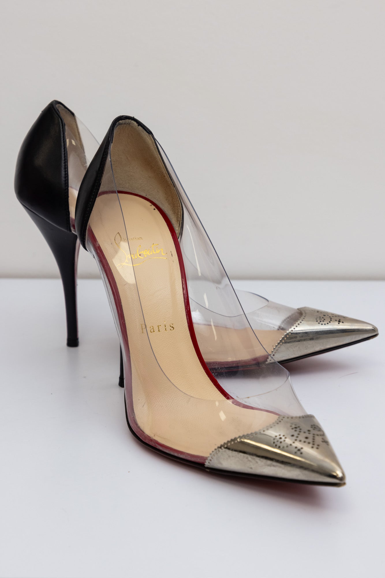 Christian Louboutin Pointed Toe Metal Clear Pumps Black Silver