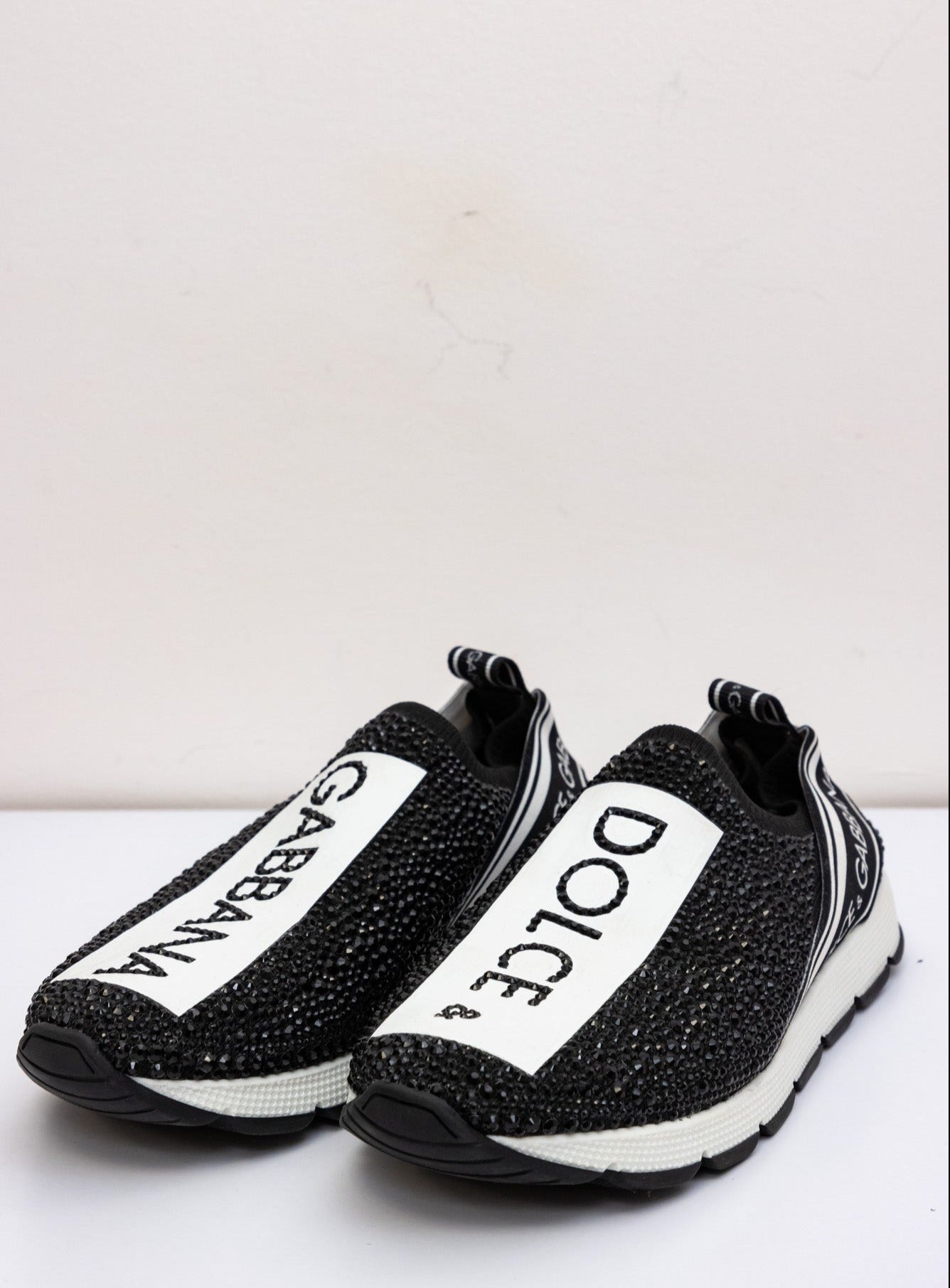 DOLCE & GABBANA Black Crystal-Covered Sneakers with White Sole