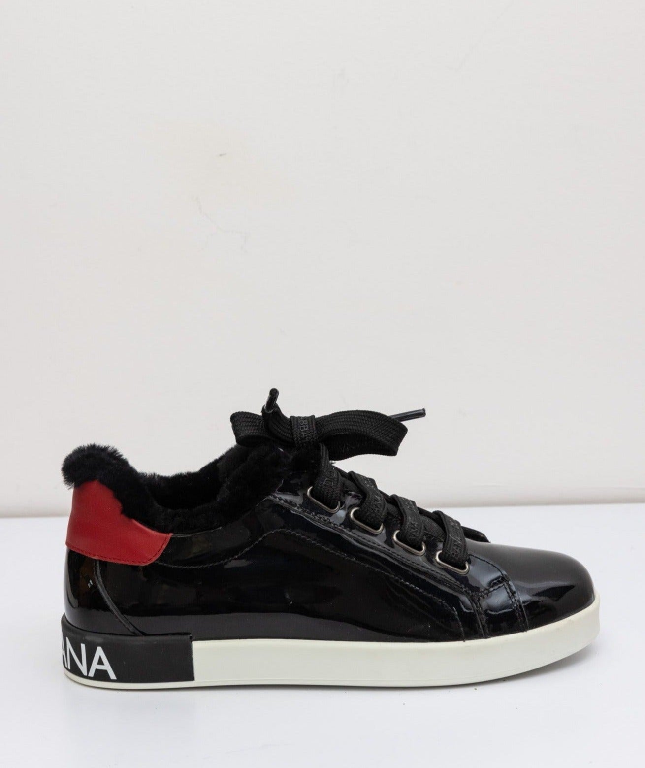 DOLCE & GABBANA Patent Leather Sneakers with Lamb Fur | IT 38 | Made in Italy