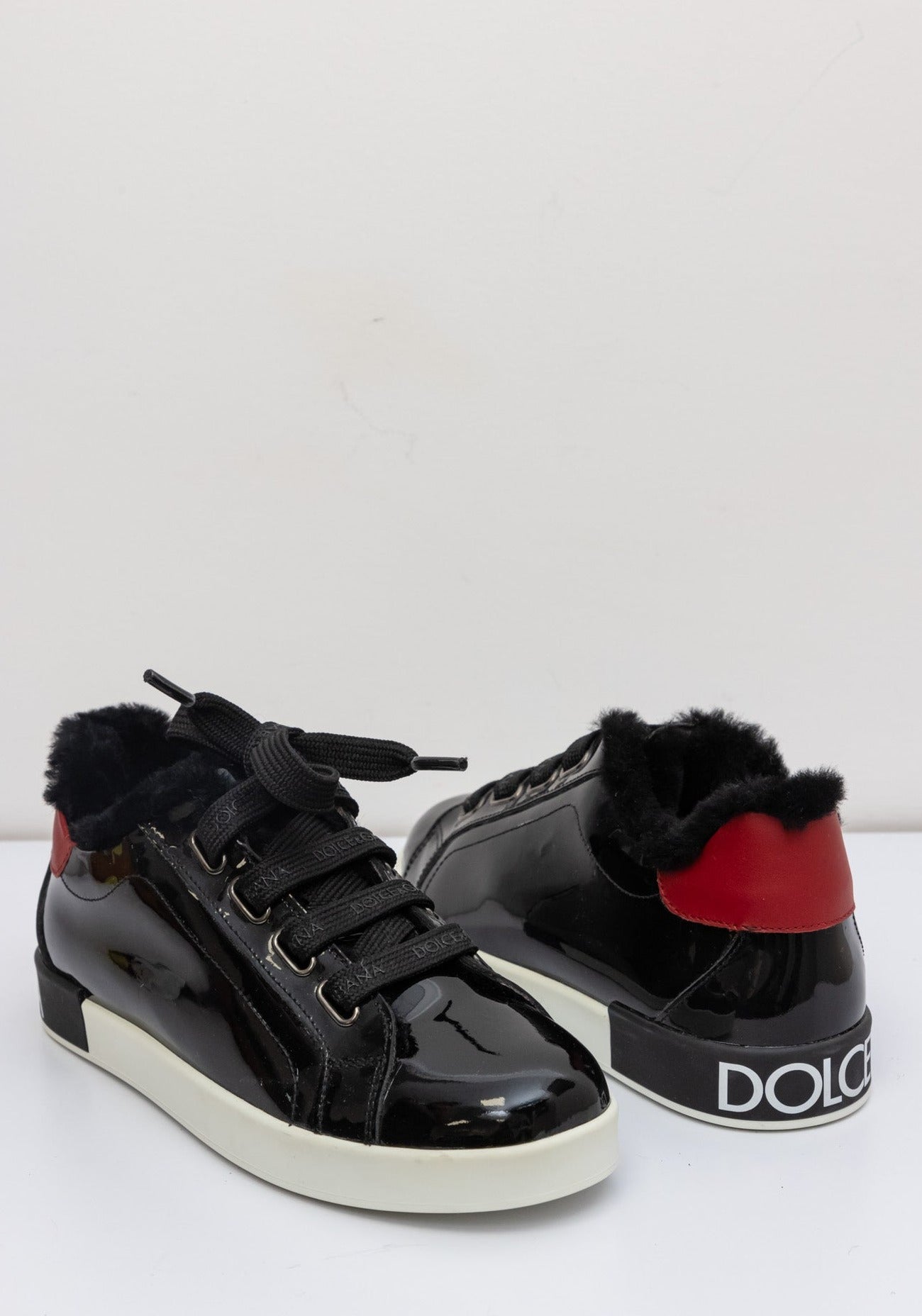 DOLCE & GABBANA Patent Leather Sneakers with Lamb Fur