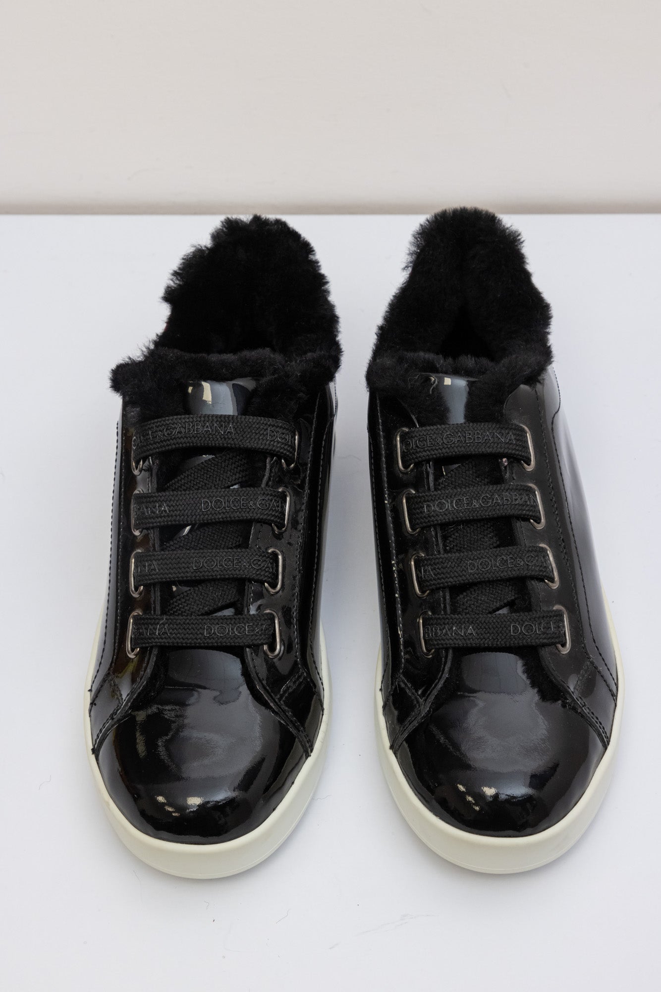 DOLCE & GABBANA Patent Leather Sneakers with Lamb Fur