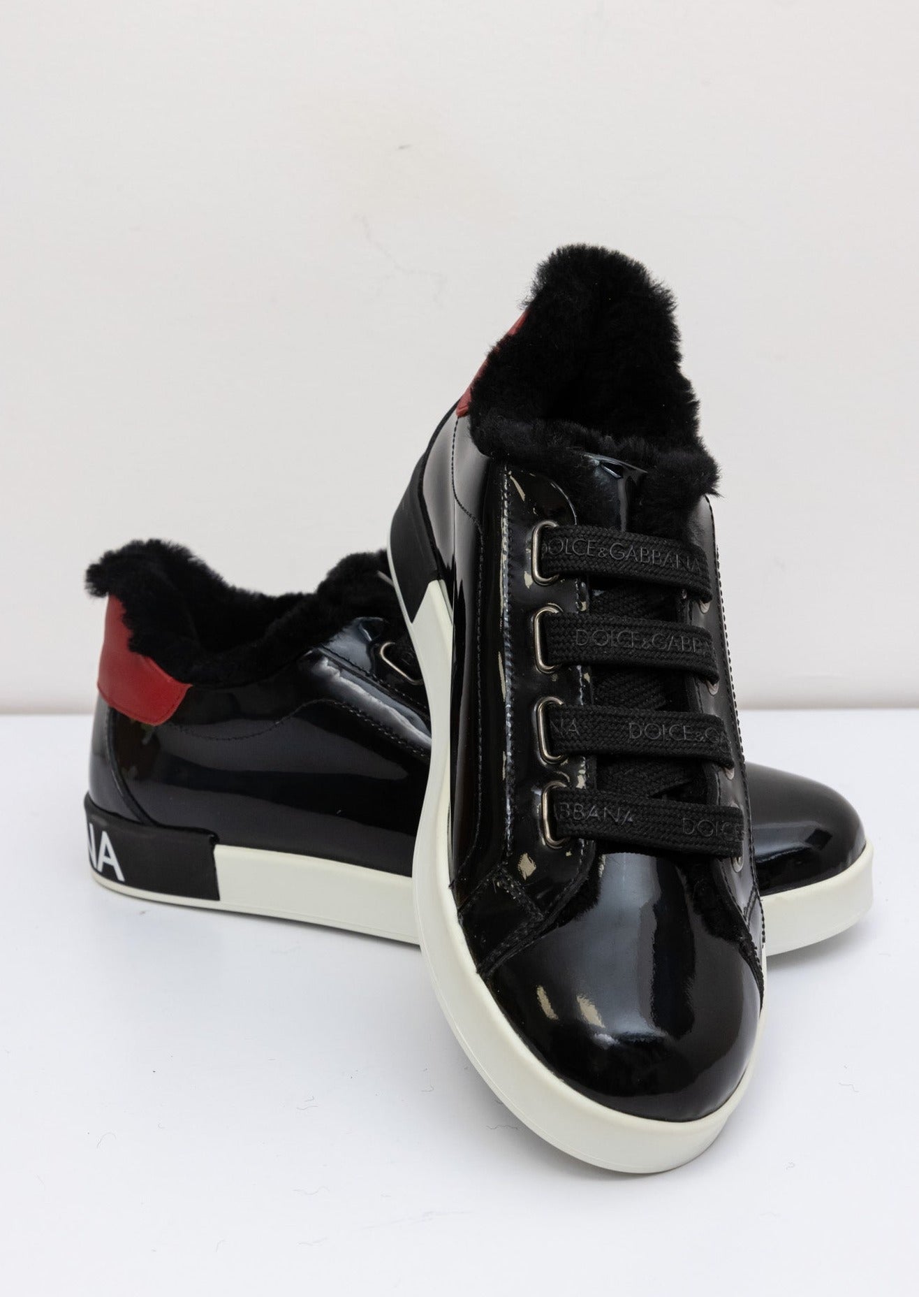 DOLCE & GABBANA Patent Leather Sneakers with Lamb Fur
