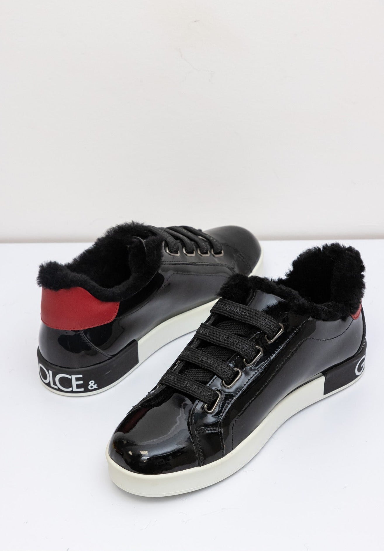 DOLCE & GABBANA Patent Leather Sneakers with Lamb Fur
