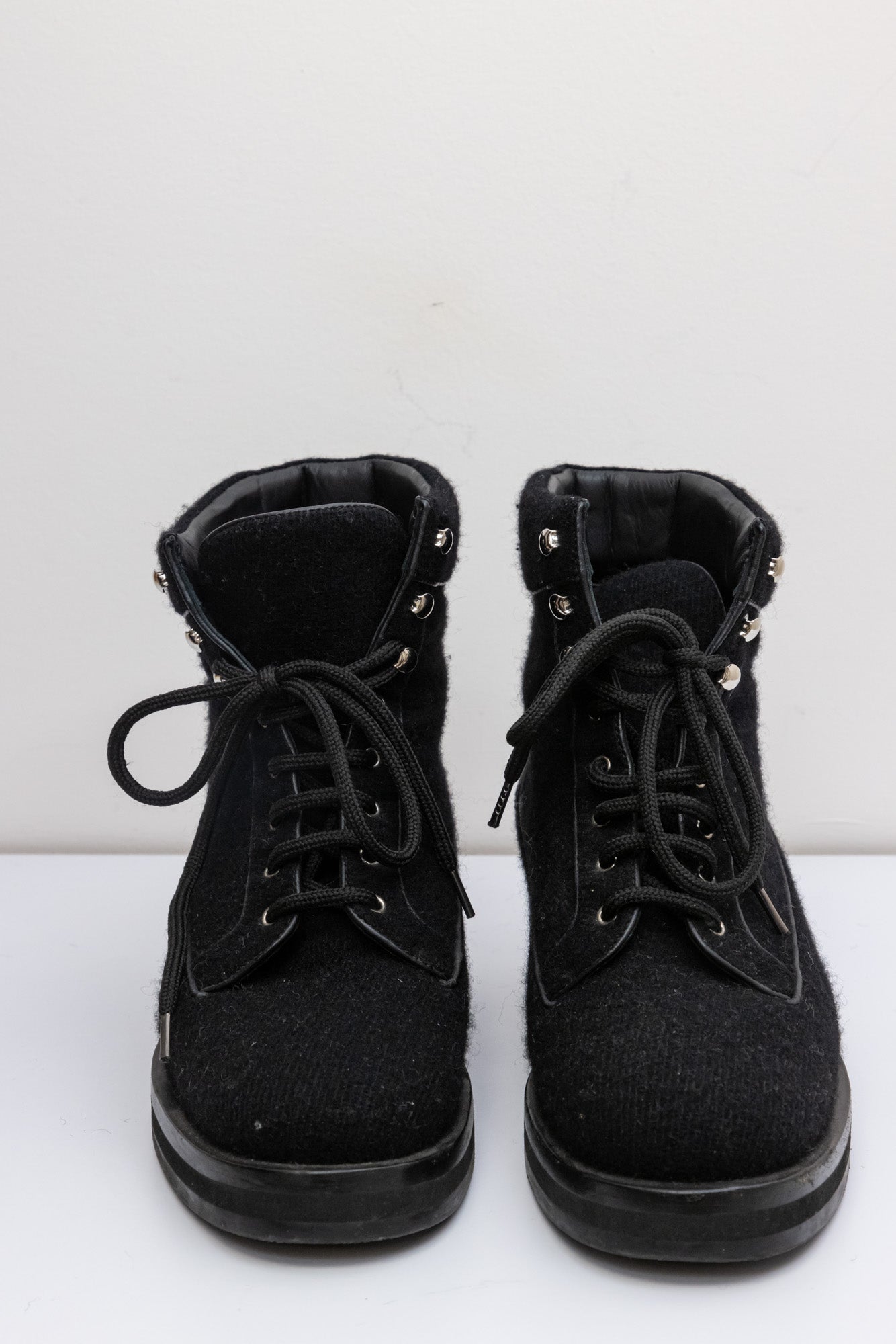 Chanel Black Quilted Wool lace up Ankle Boots 