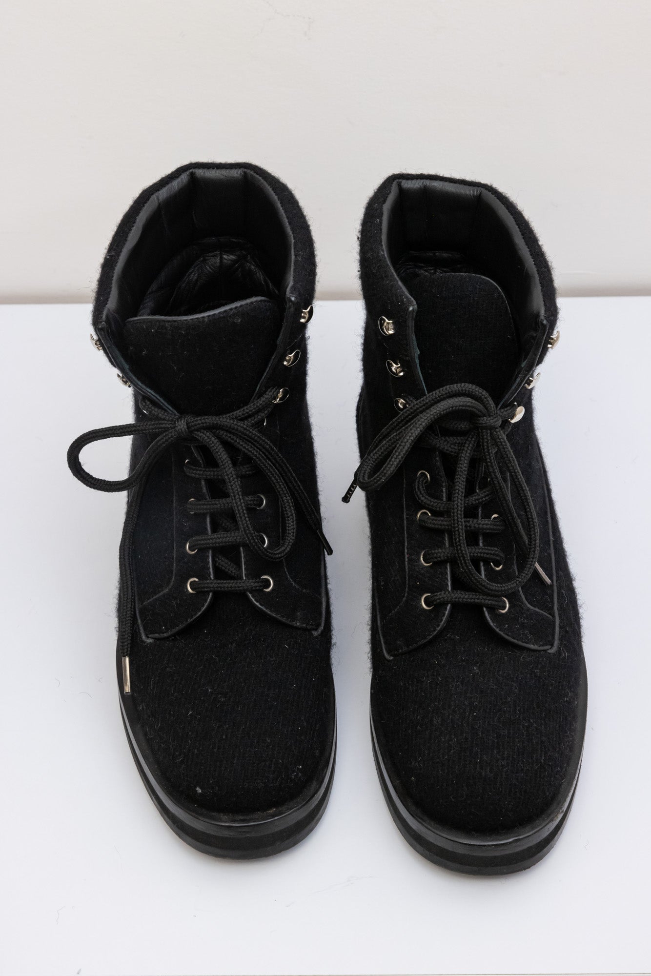 Chanel Black Quilted Wool lace up Ankle Boots