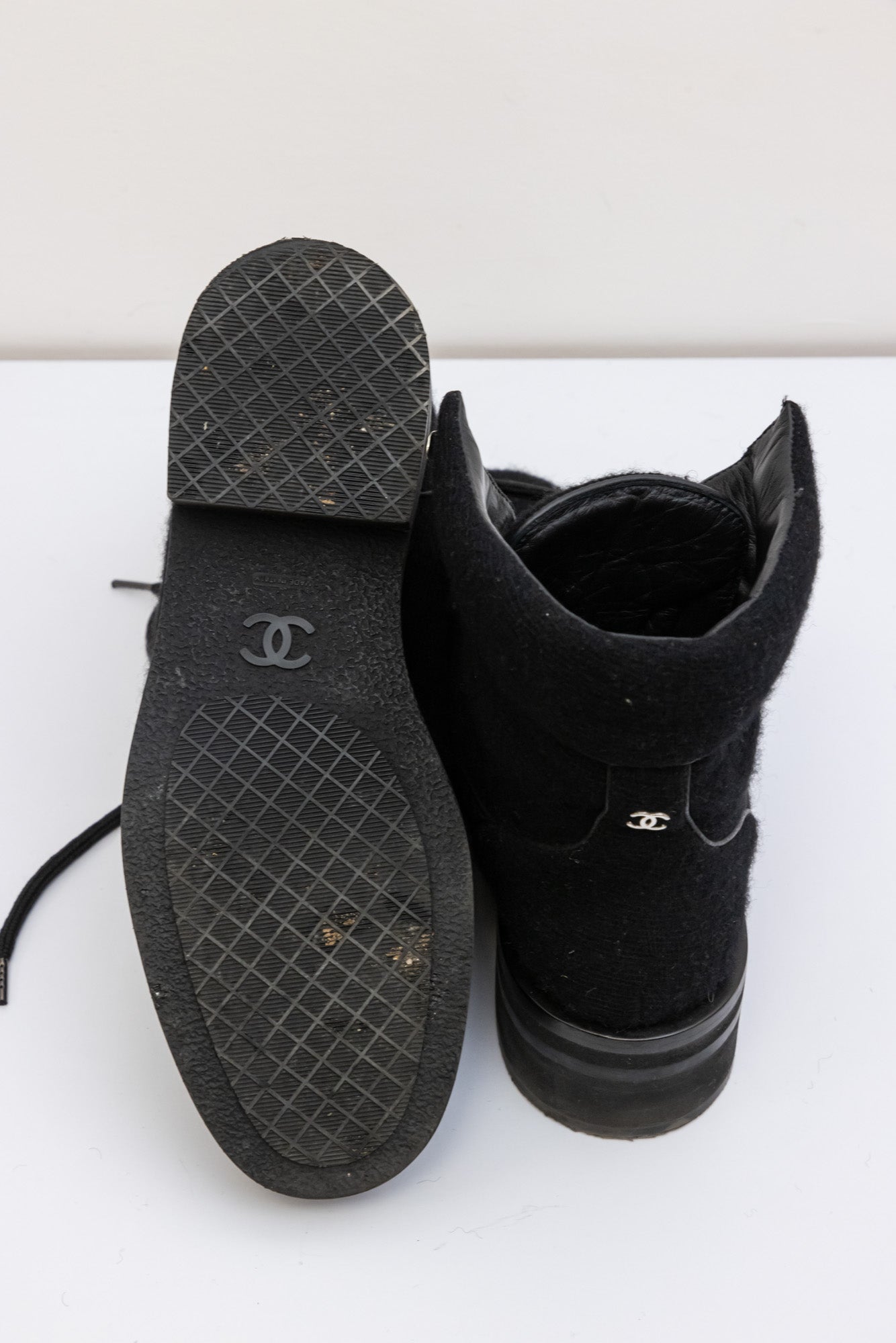 CHANEL Black Quilted Wool Lace-Up Ankle Boots