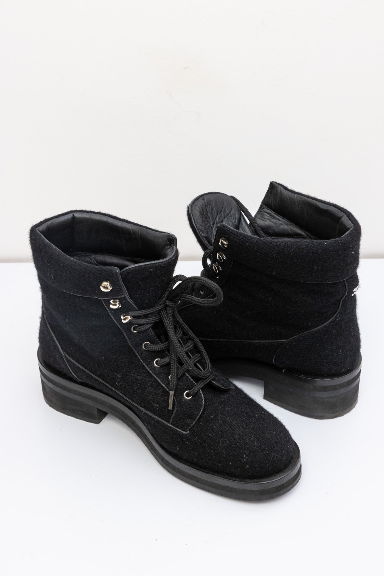 Chanel Black Quilted Wool lace up Ankle Boots