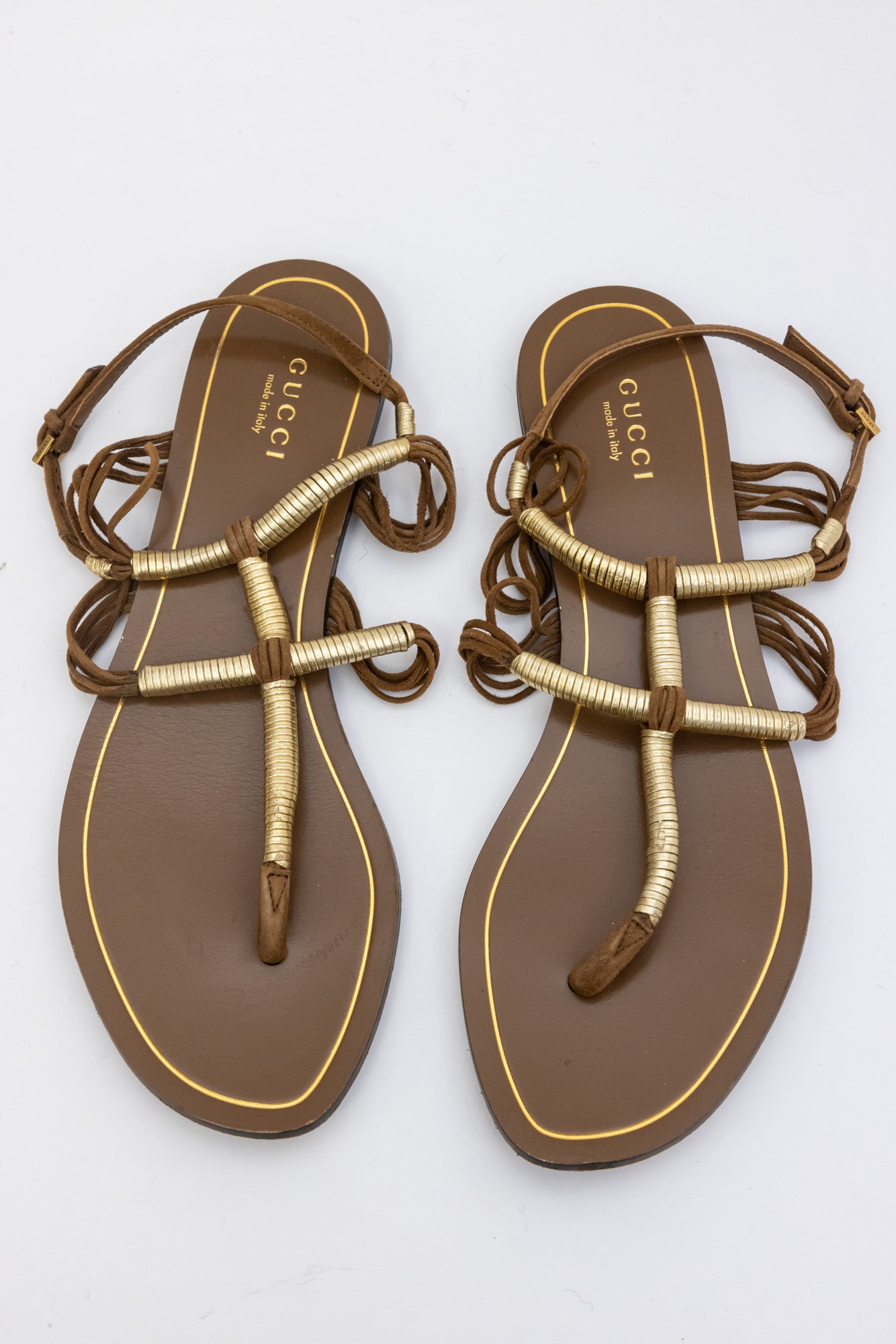 Gucci Brown and Gold Leather Strap Sandals | Size IT 37 | Made in Italy