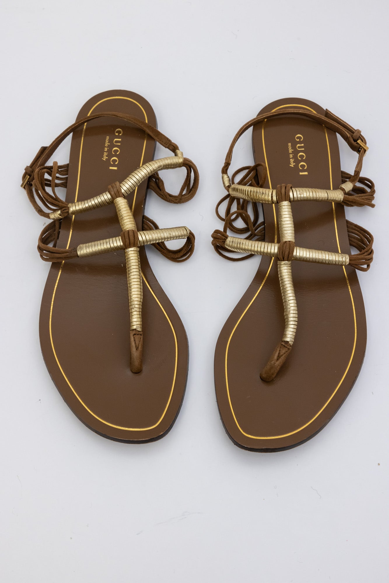 Gucci Brown and Gold Leather Strap Sandals | Size IT 37 | Made in Italy
