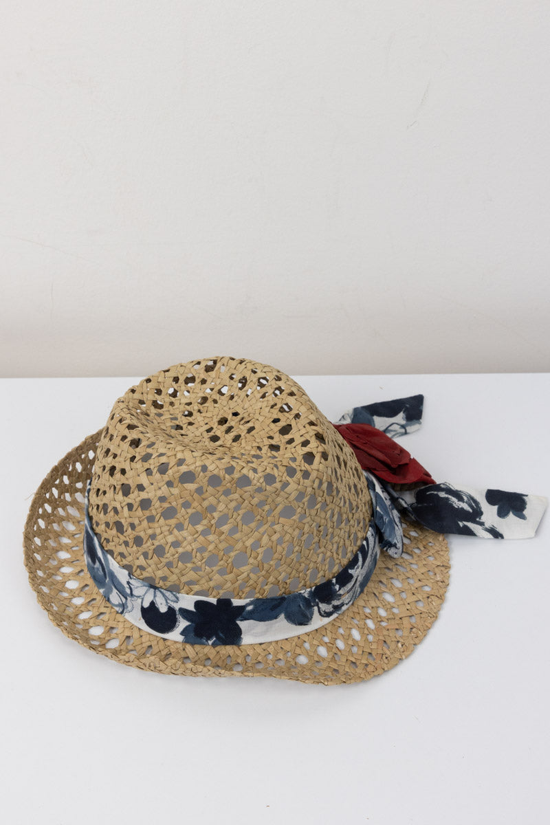 MONNALISA Elegant Beige Straw Hat with Ribbon and Red Rose