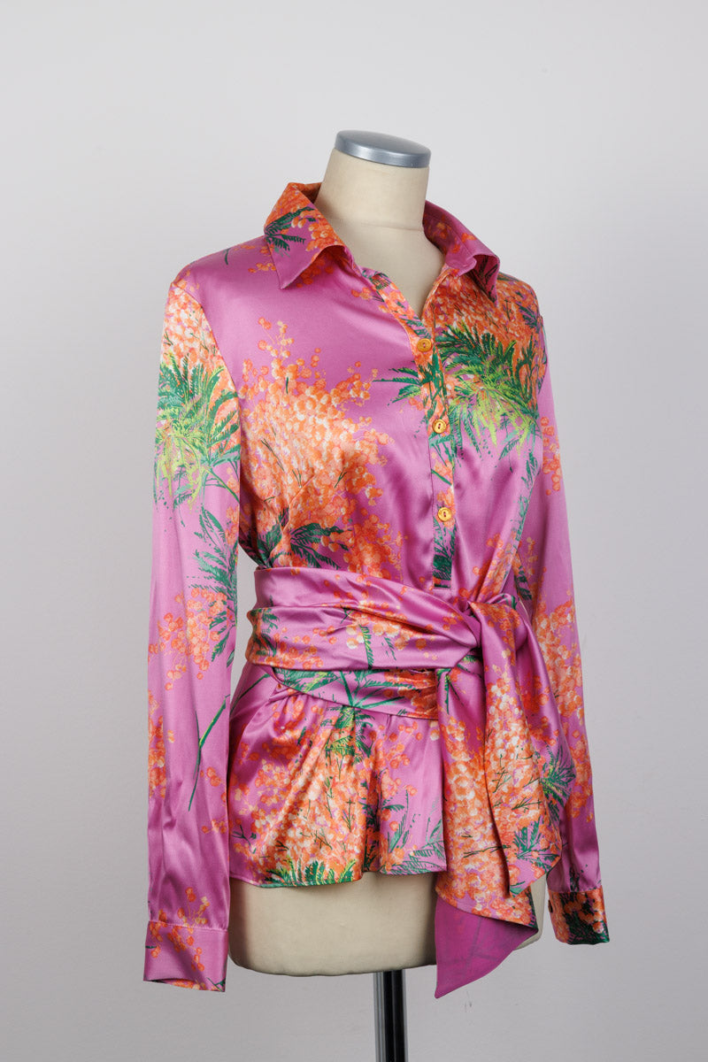 BLUMARINE Floral Pink Silk Kimono Shirt with Kimono Belt | Size I 44, D 38 | Very Good Condition | Made in Italy