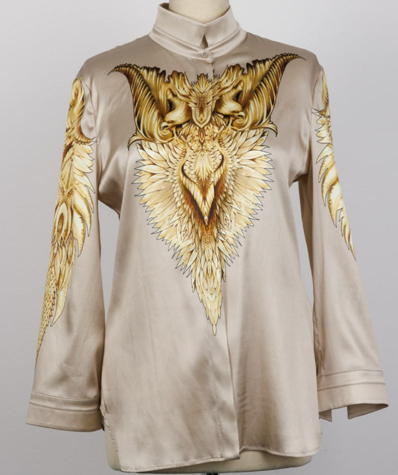 ROBERTO CAVALLI Baroque Wings Graphic Silk Blouse | Size IT 44 | New with Tags | Made in Italy