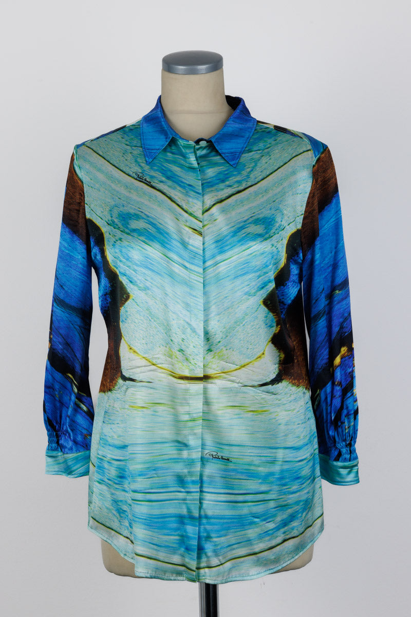 ROBERTO CAVALLI Blue Silk Printed Blouse | Size IT 42 | Very Good Condition | Made in Italy
