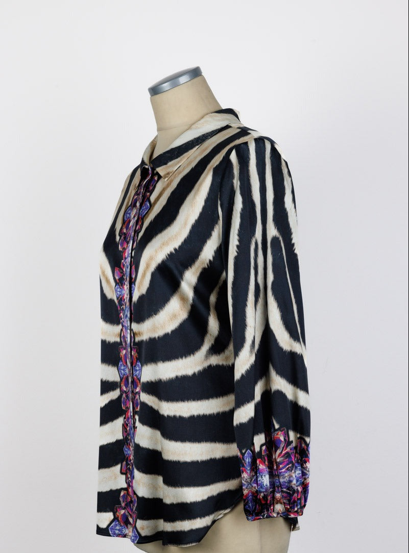 ROBERTO CAVALLI Multicolor Zebra-Print Silk Shirt | Size IT 42 | New, Never Worn | Made in Italy