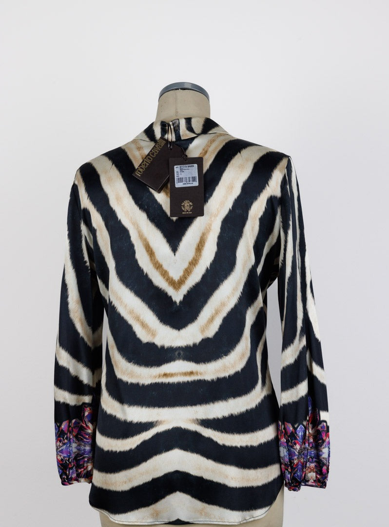 ROBERTO CAVALLI Multicolor Zebra-Print Silk Shirt | Size IT 42 | New, Never Worn | Made in Italy