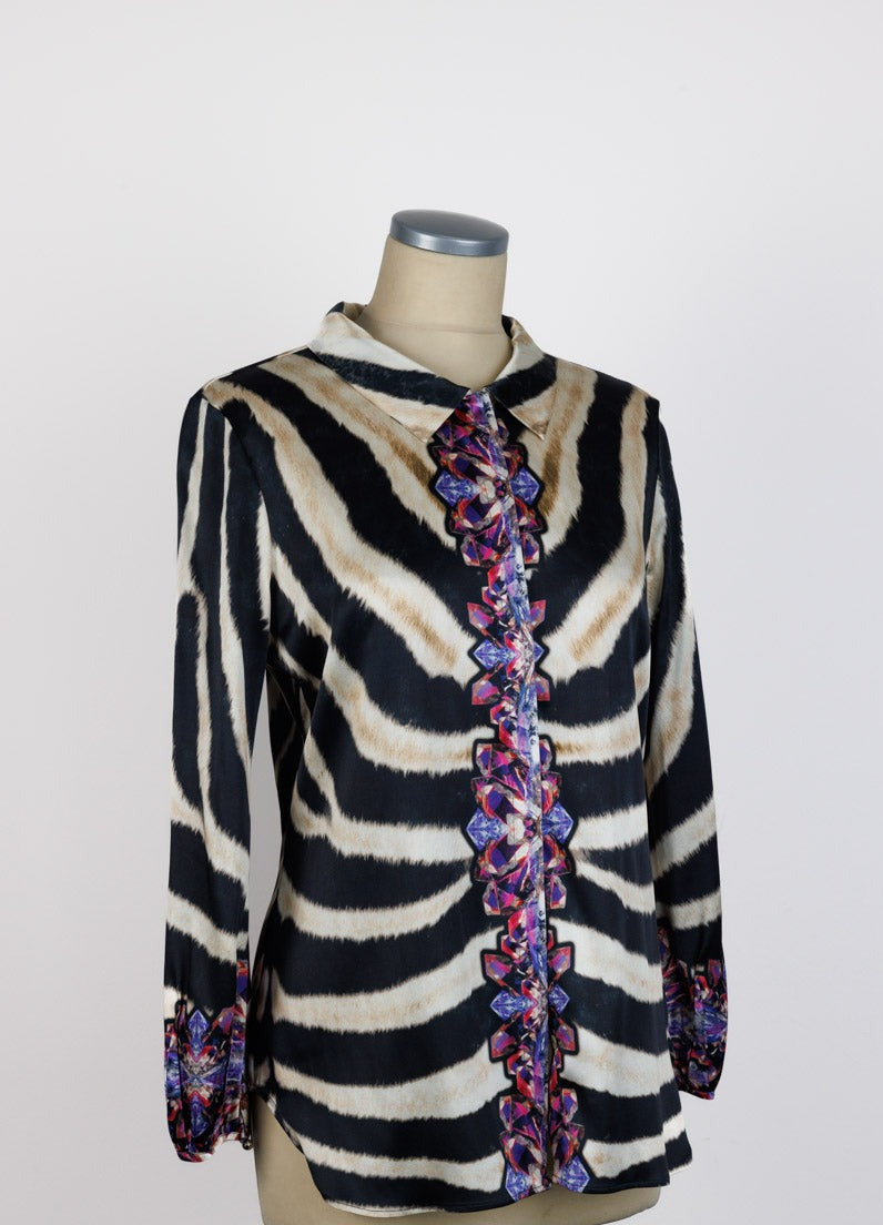 ROBERTO CAVALLI Multicolor Zebra-Print Silk Shirt | Size IT 42 | New, Never Worn | Made in Italy