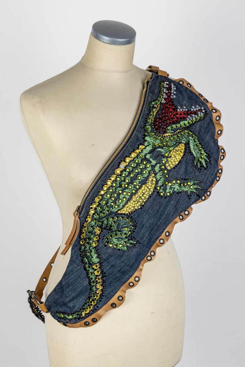 Sac VOYAGE MAZZILLI MICHIELSENS en jean vintage orné de crocodile