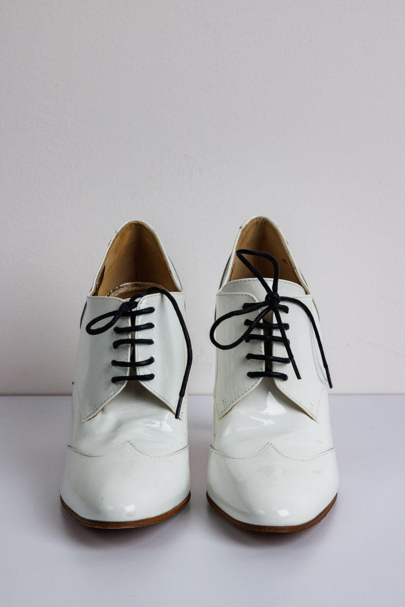 CHANEL CC Logo White Patent Leather Lace-Up Ankle Boot