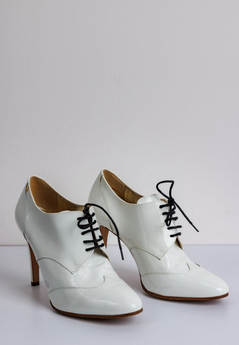 CHANEL CC Logo White Patent Leather Lace-Up Ankle Boot