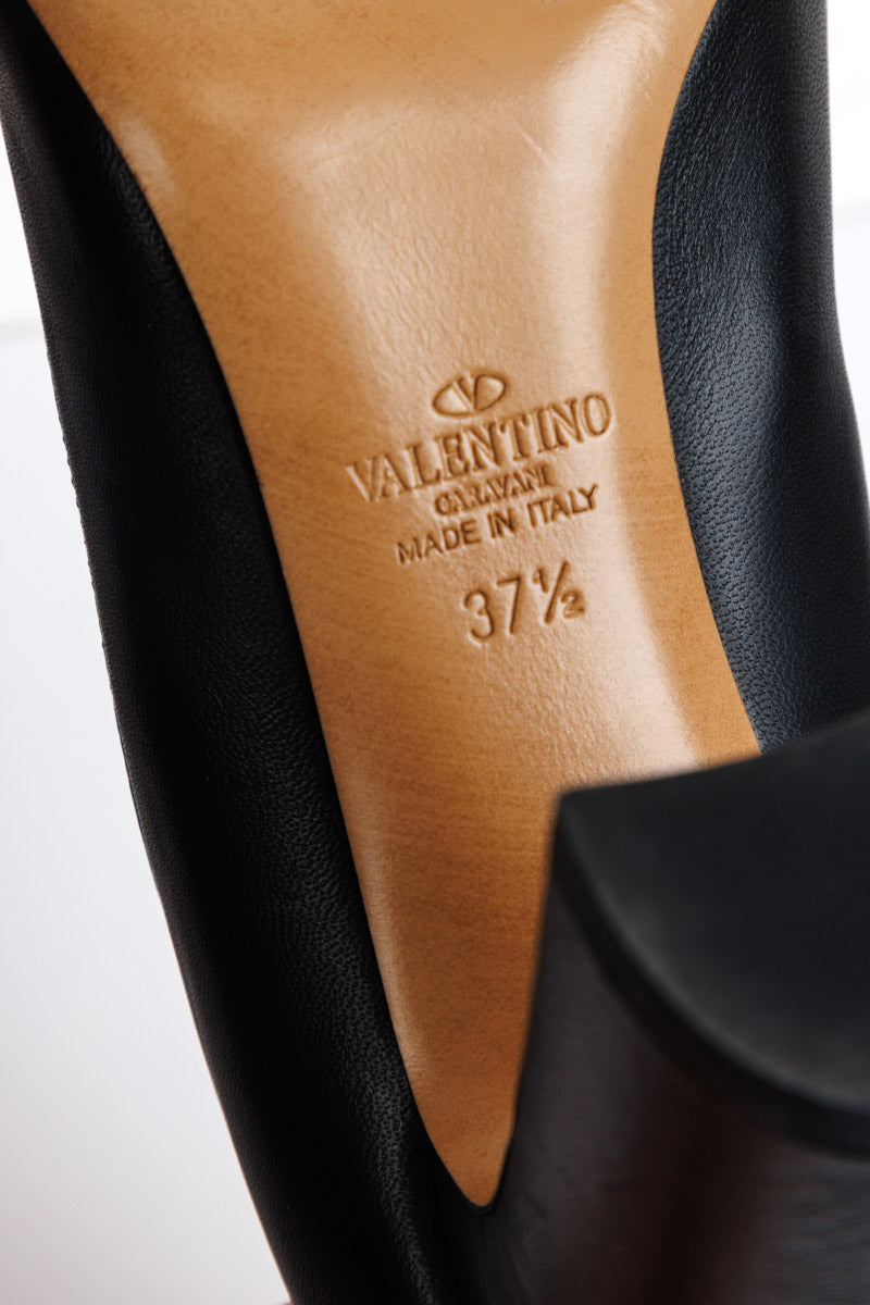 VALENTINO GARAVANI Черные кожаные туфли-лодочки на блочном каблуке с бантом