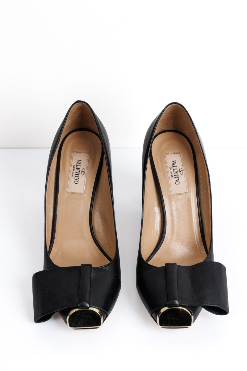 VALENTINO Black Leather Half Bow Block Heel Pumps